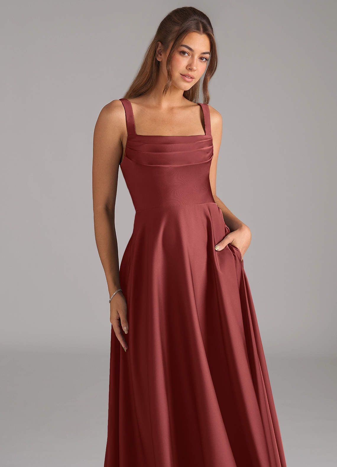 Shaude A-Line Square-Neck Stretch Satin Bridesmaid Dress in Terracotta