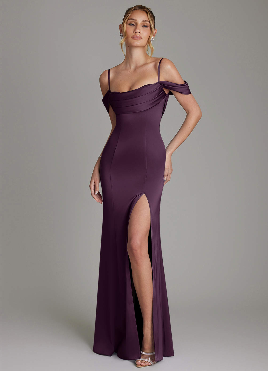 Nira Mermaid Sweetheart Stretch Satin Bridesmaid Dress in Plum