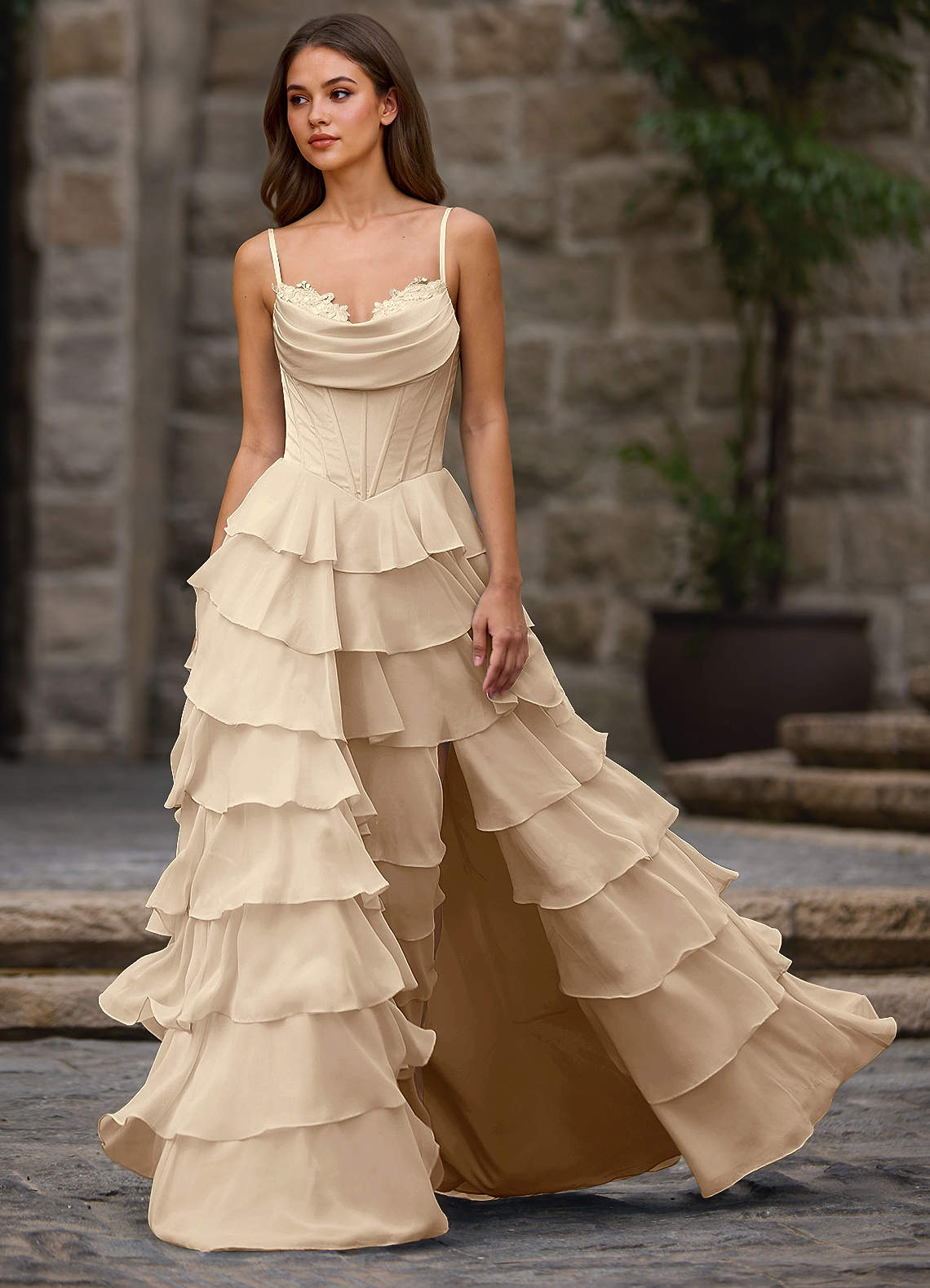 Floralace A-Line Ruffle Chiffon Evening Dress in Champagne