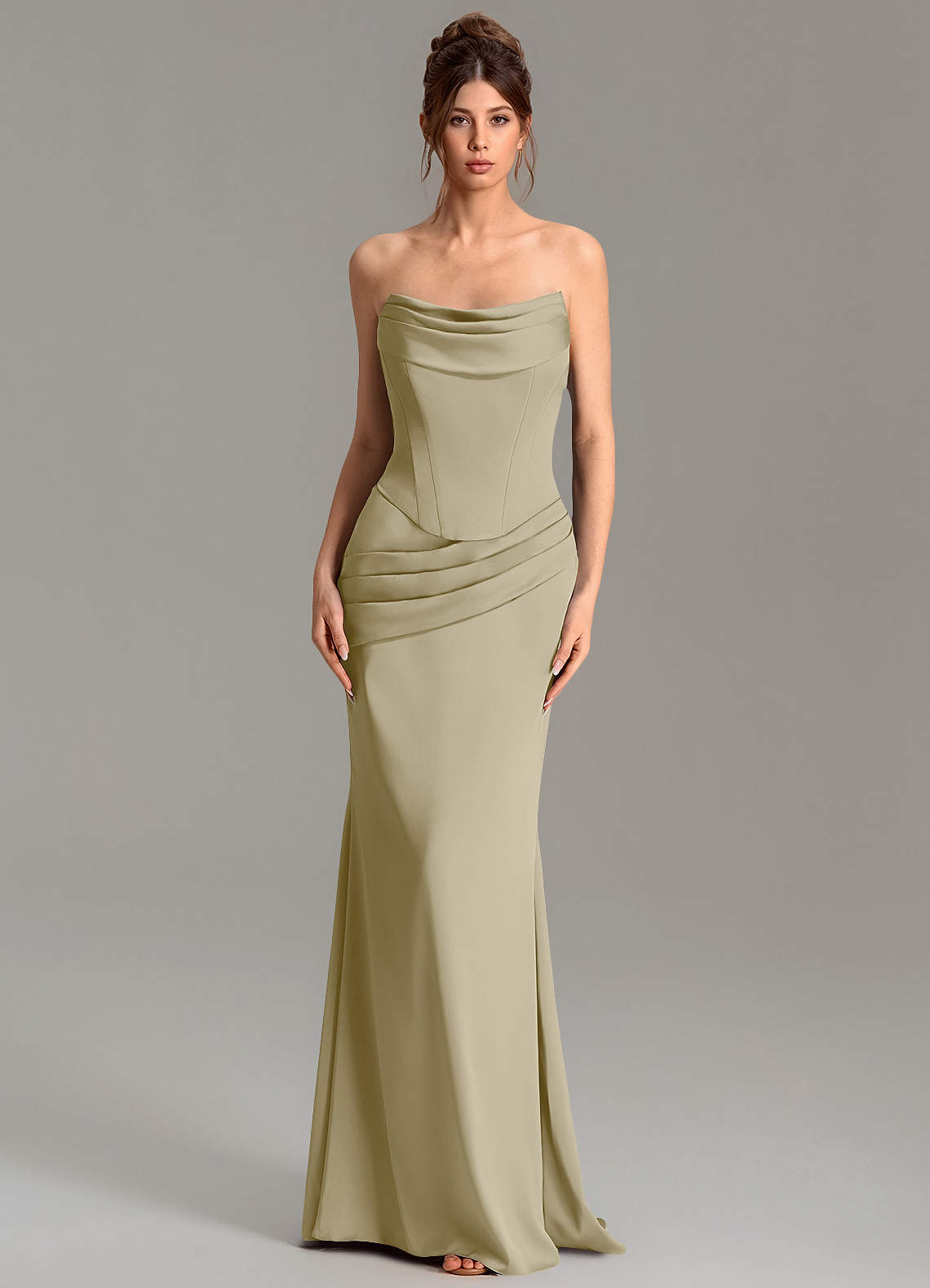 Adrienne Mermaid Cowl-Neck Stretch Satin Bridesmaid Dress in Moss Green