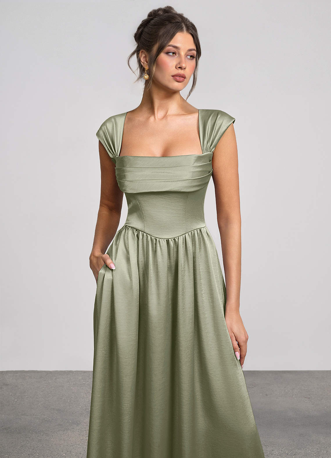 Odette A-Line Corset Luminous Satin Evening Dress in Dusty Sage