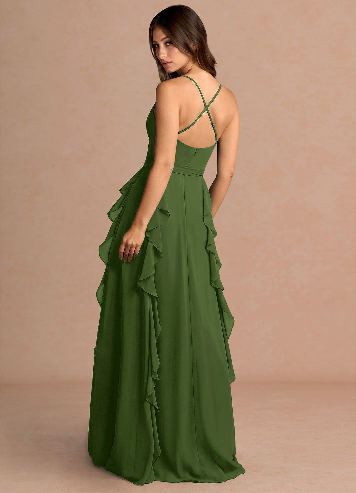 Alouette A-Line V-Neck Chiffon Evening Dress in Olive