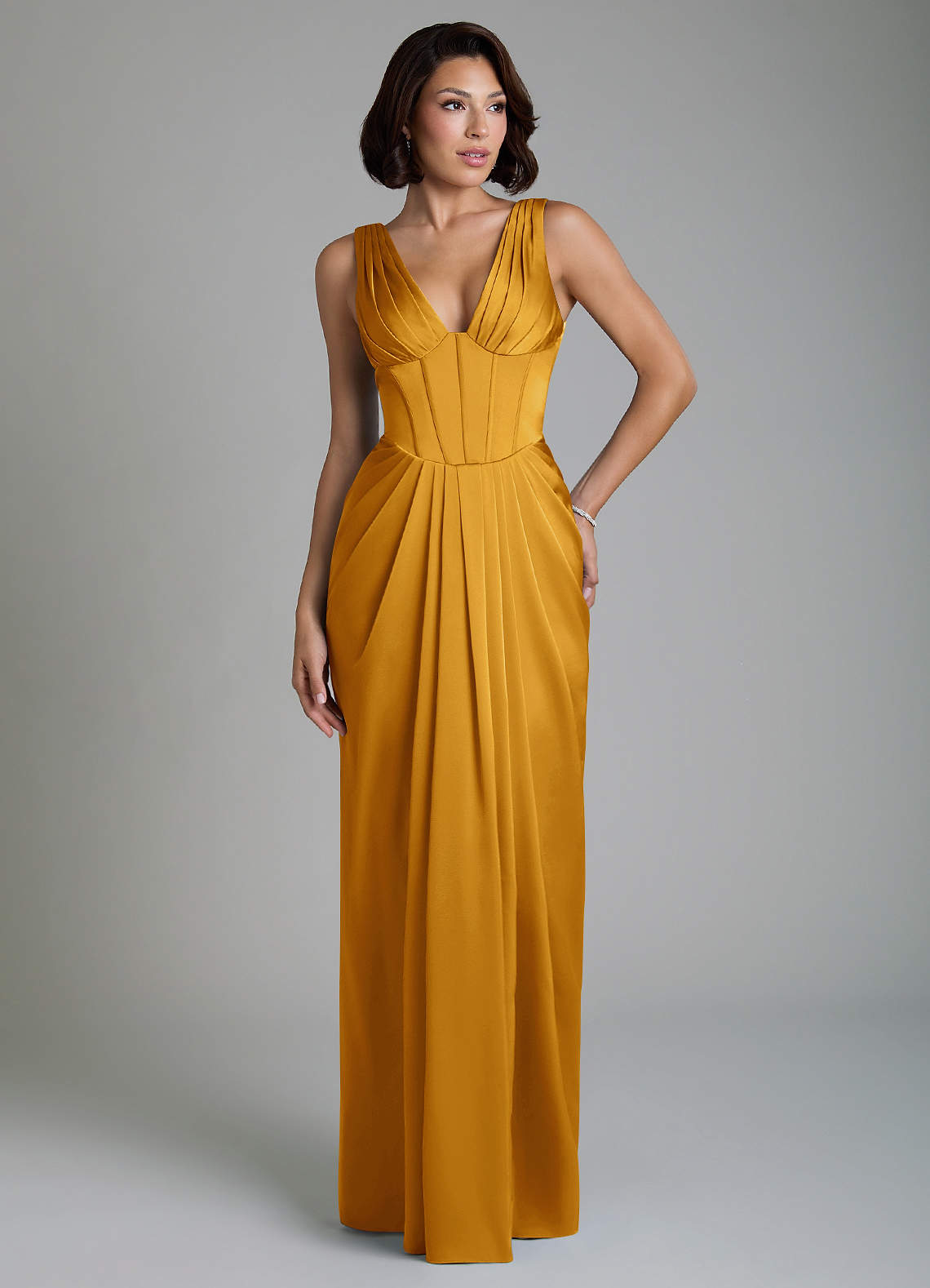 Vanya Sheath V-Neck Stretch Satin Bridesmaid Dress in butterscotch
