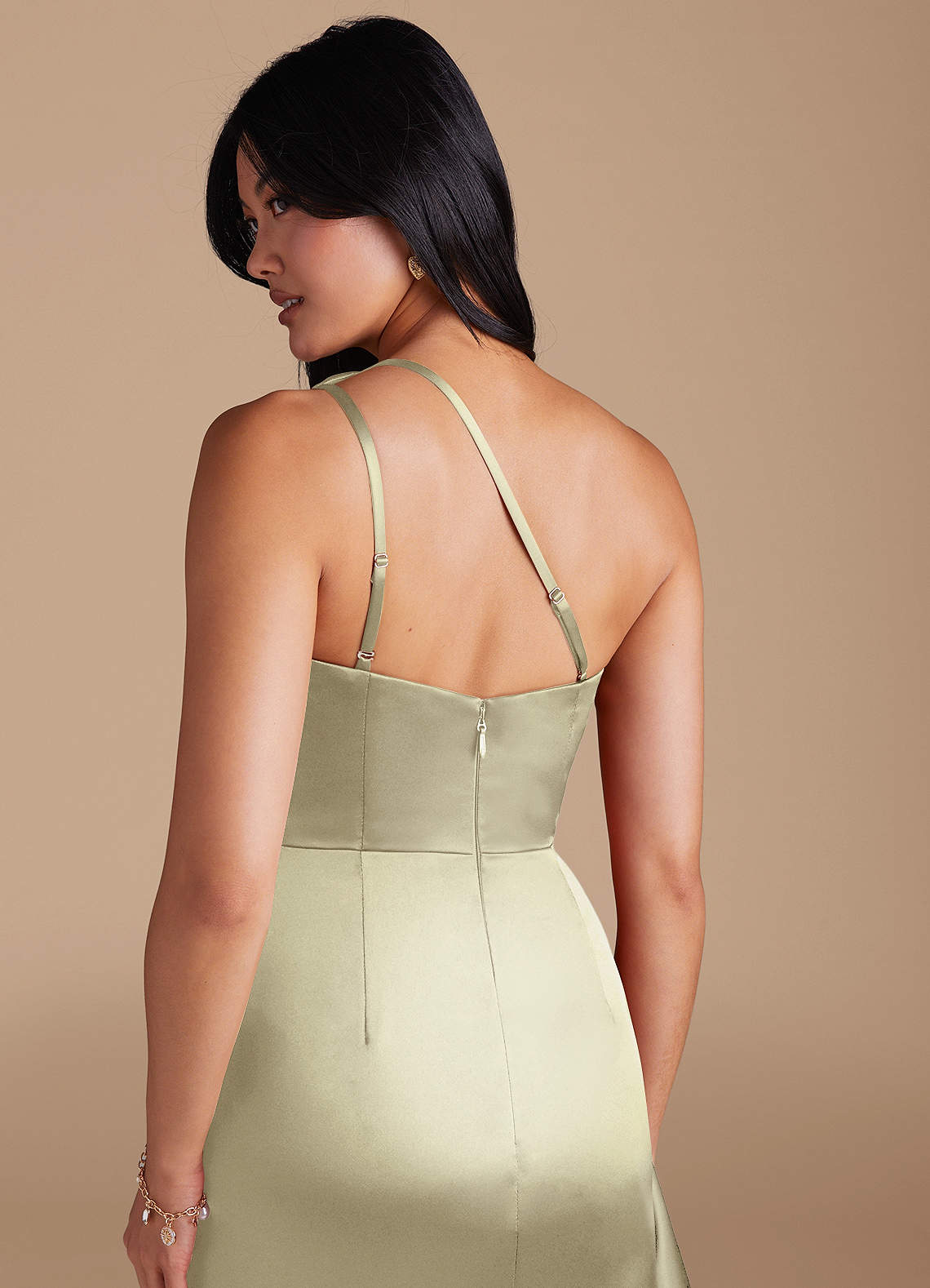 Latrice Sheath One-Shoulder Metallic Satin Bridesmaid Dress in Moss Green