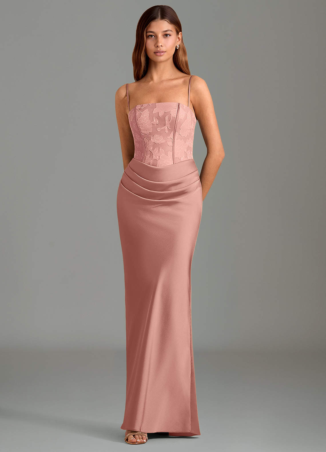 Emilia Mermaid Strapless Stretch Satin and Floral Burnout Bridesmaid Dress in Rosette