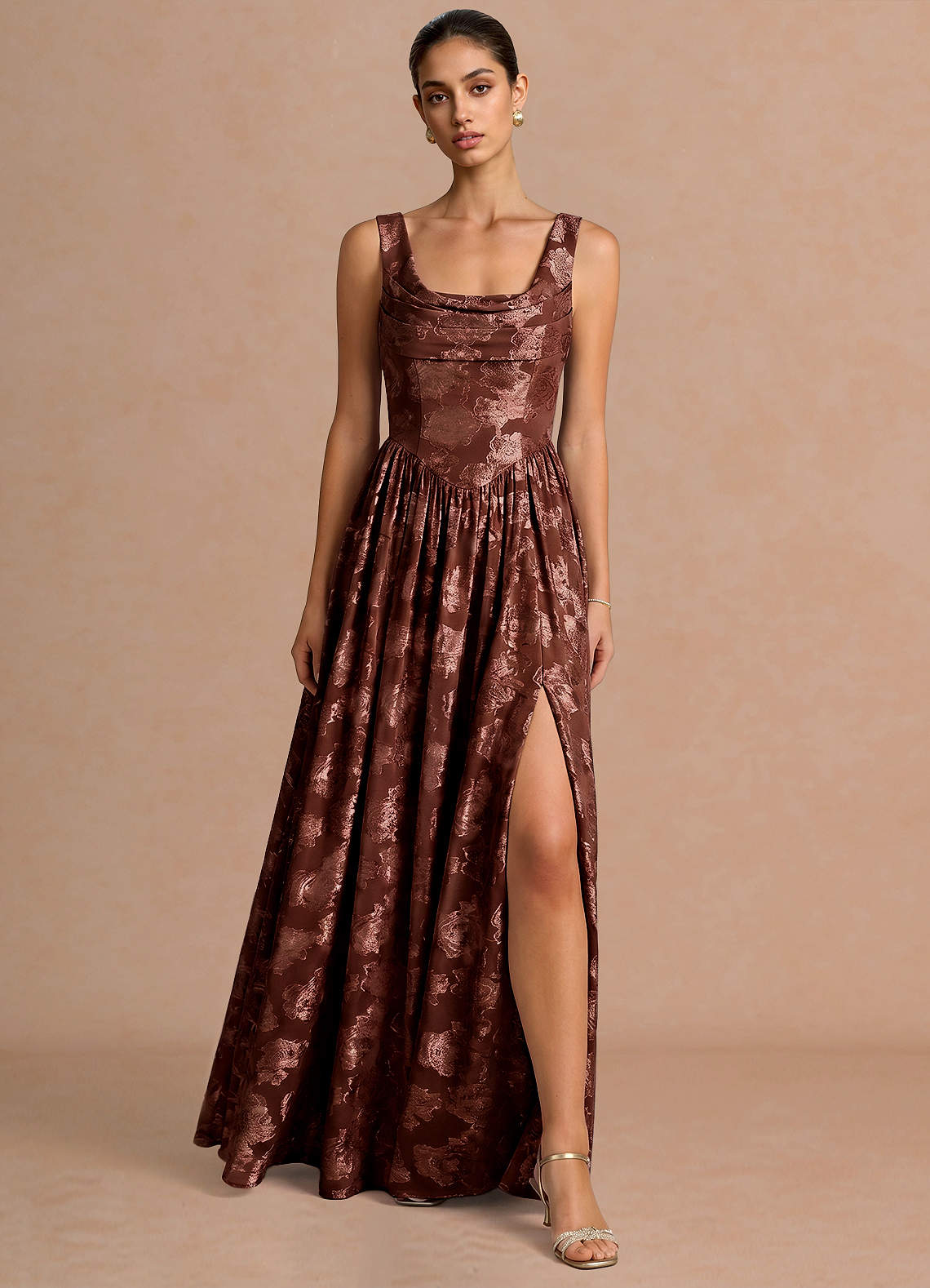 Novi A-Line Draped-Neck Floral Fil Coupé Evening Dress in Lemon Sorbet