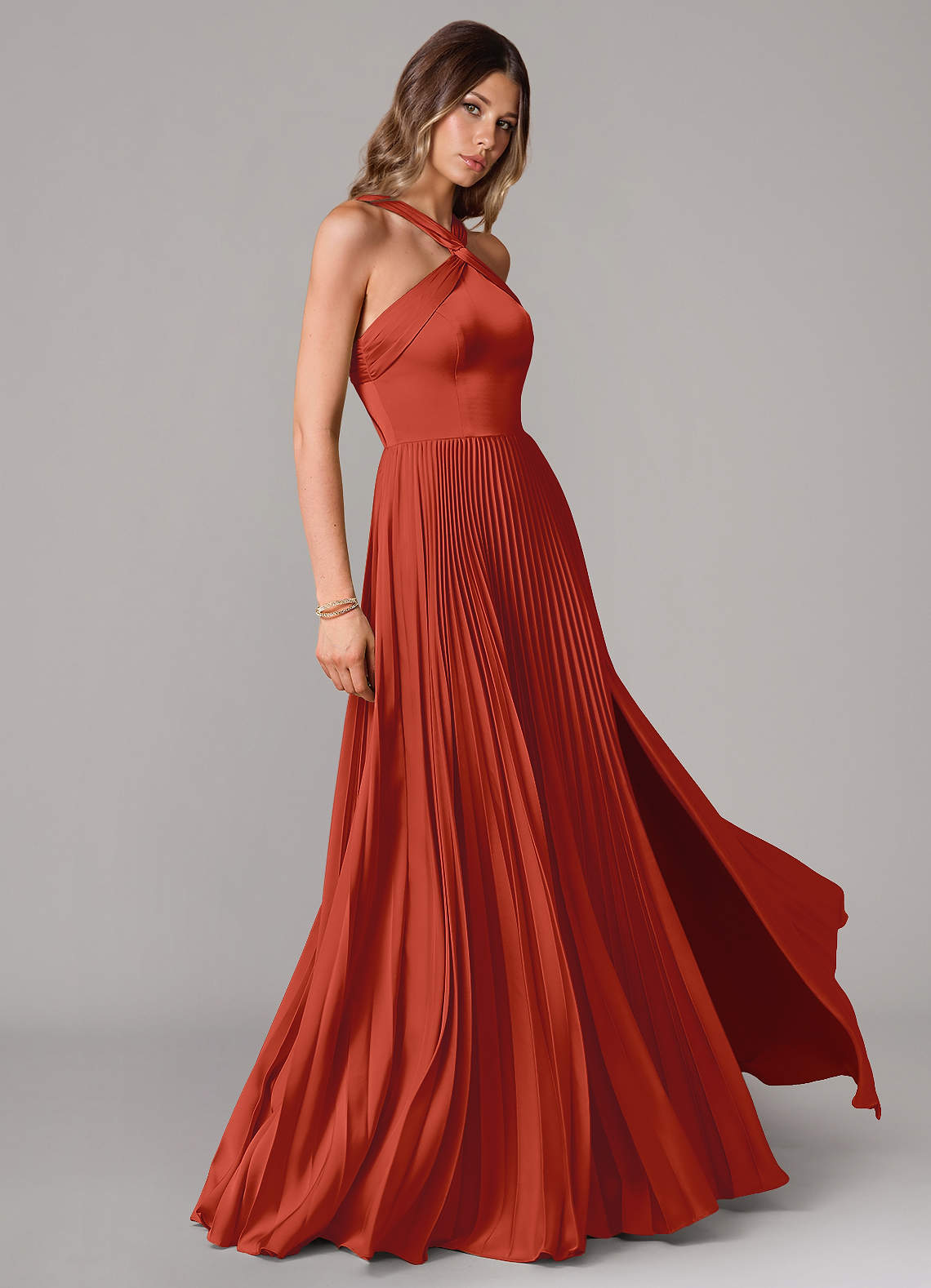 Afra A-Line Halter-Neck Stretch Satin Bridesmaid Dress in Rust