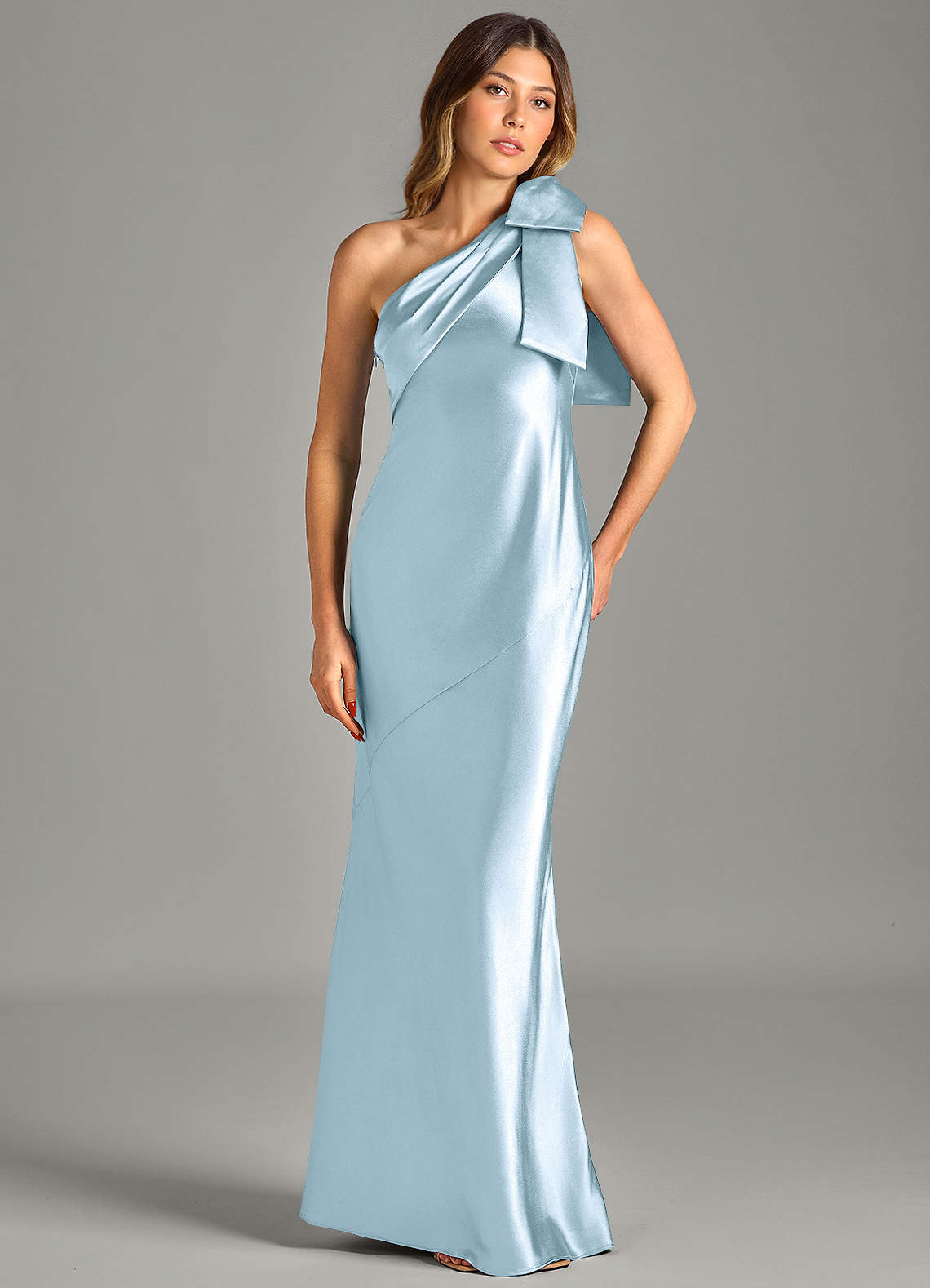 Yuanna Mermaid One-Shoulder Metallic Satin Bridesmaid Dress in Sky Blue