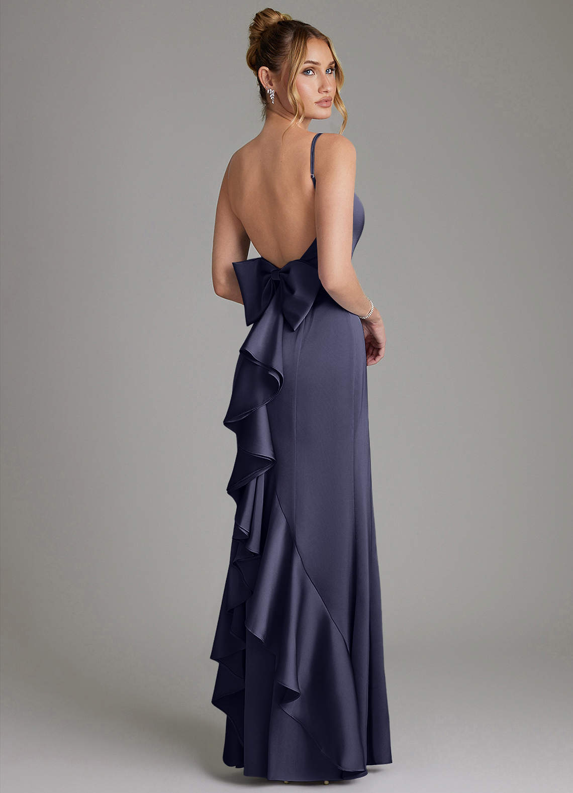 Zherra Mermaid Scoop-Neck Stretch Satin Bridesmaid Dress in Stormy