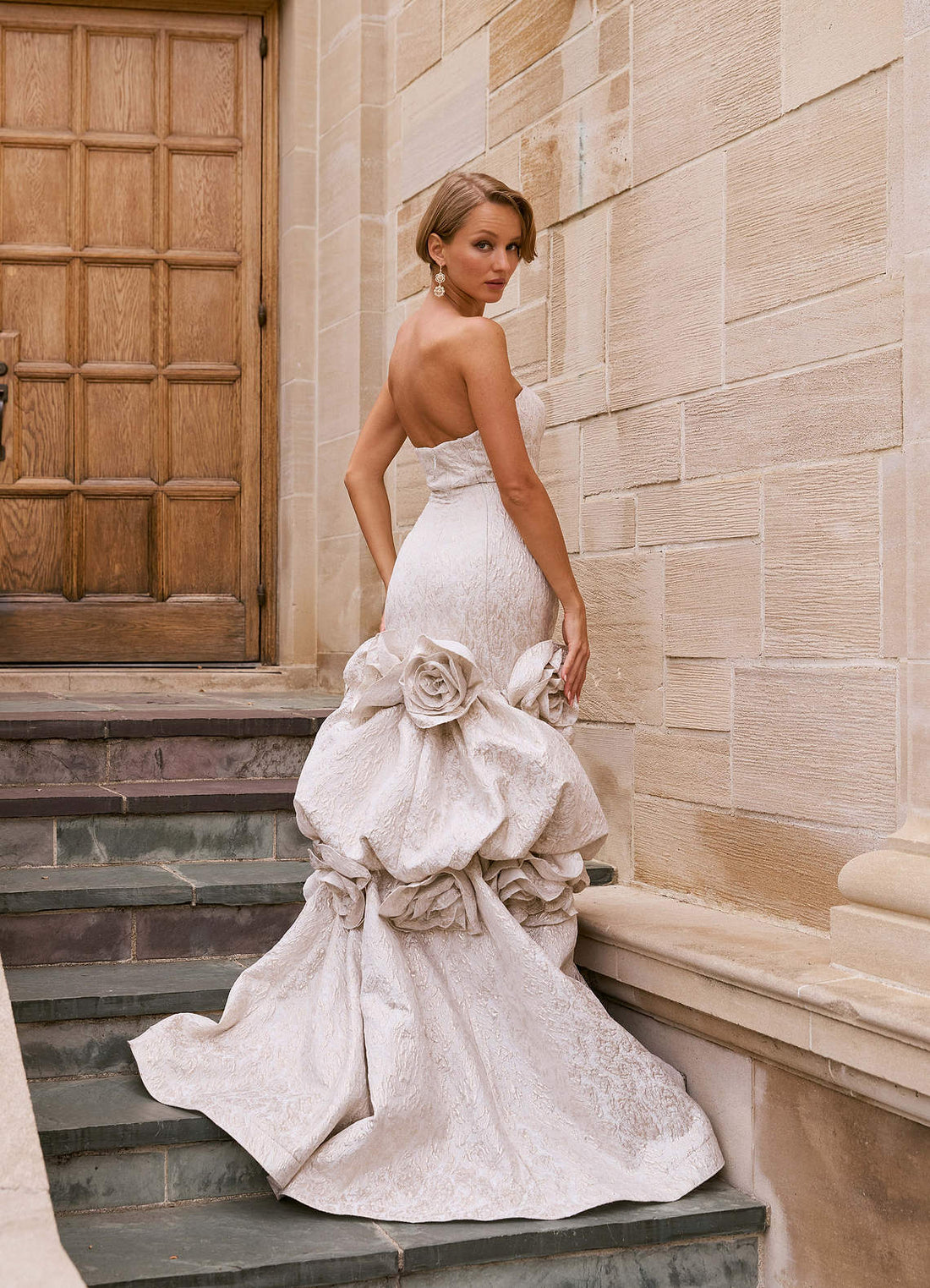 Donatella Rosette Bustle-Train Metallic Brocade Evening Dress in Champagne