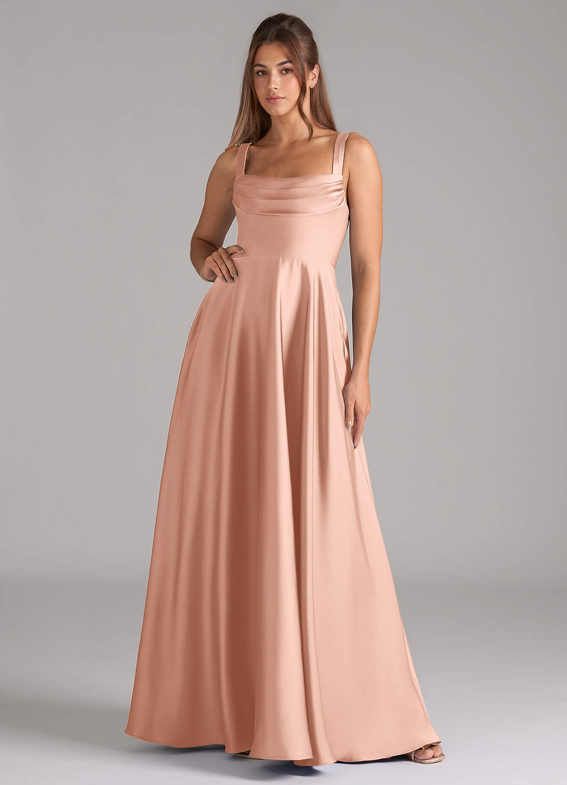 Shaude A-Line Square-Neck Stretch Satin Bridesmaid Dress in rose gold