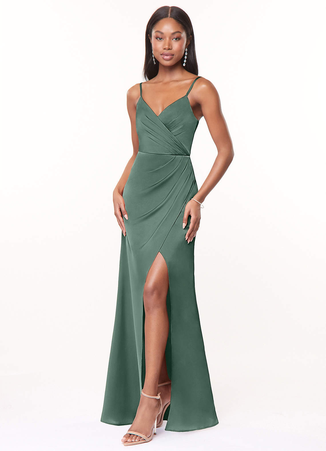 Maci A-Line V-Neck Stretch Satin Bridesmaid Dress in Eucalyptus
