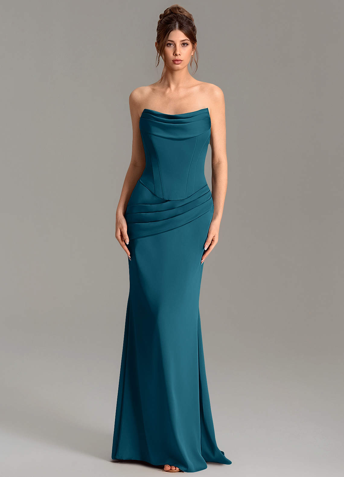 Adrienne Mermaid Cowl-Neck Stretch Satin Bridesmaid Dress in Ink Blue