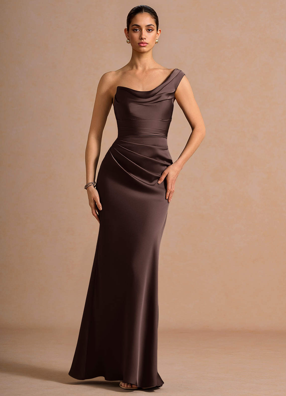 Cassiopeia One-Shoulder Draped Stretch Satin Evening Dress in Lemon Green