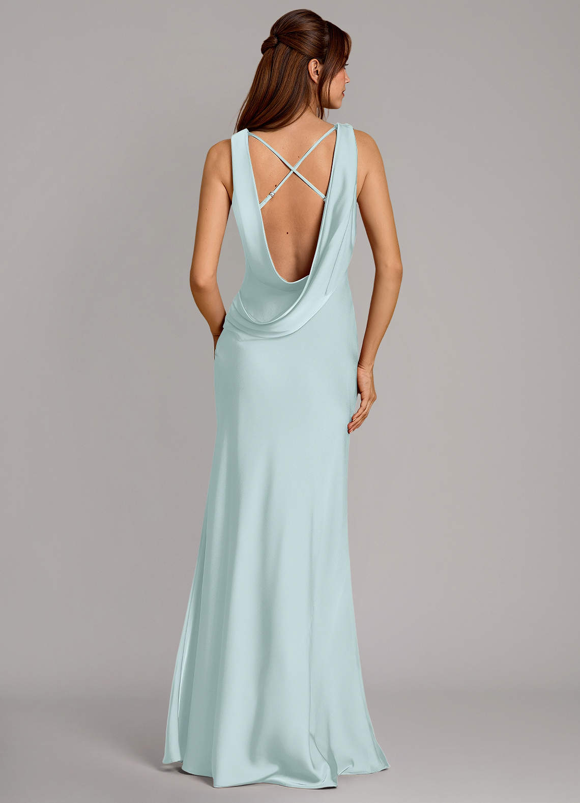Cheryl Mermaid Cowl-Neck Stretch Satin Bridesmaid Dress in Sea Glass