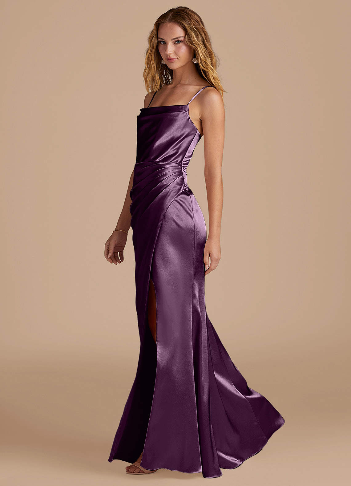 Marzia Mermaid Square-Neck Metallic Satin Bridesmaid Dress in Plum