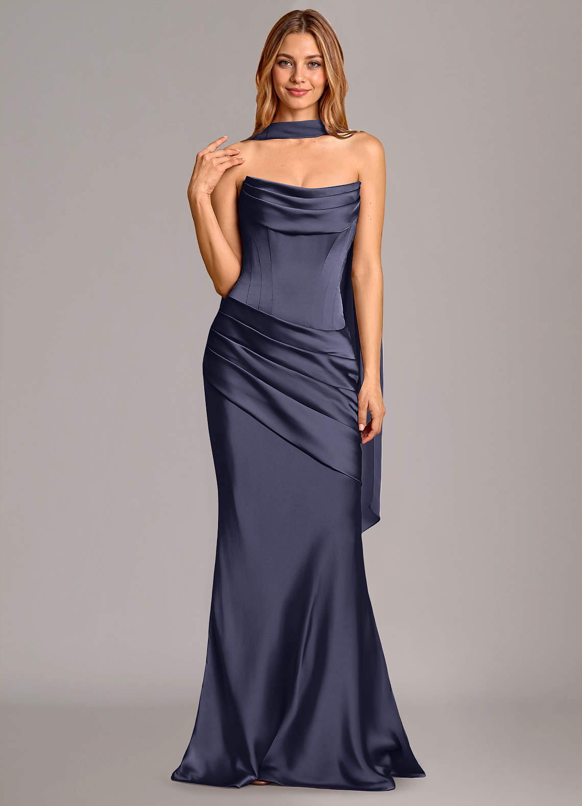 Pelagia Mermaid Cowl-Neck Stretch Satin Bridesmaid Dress in Stormy