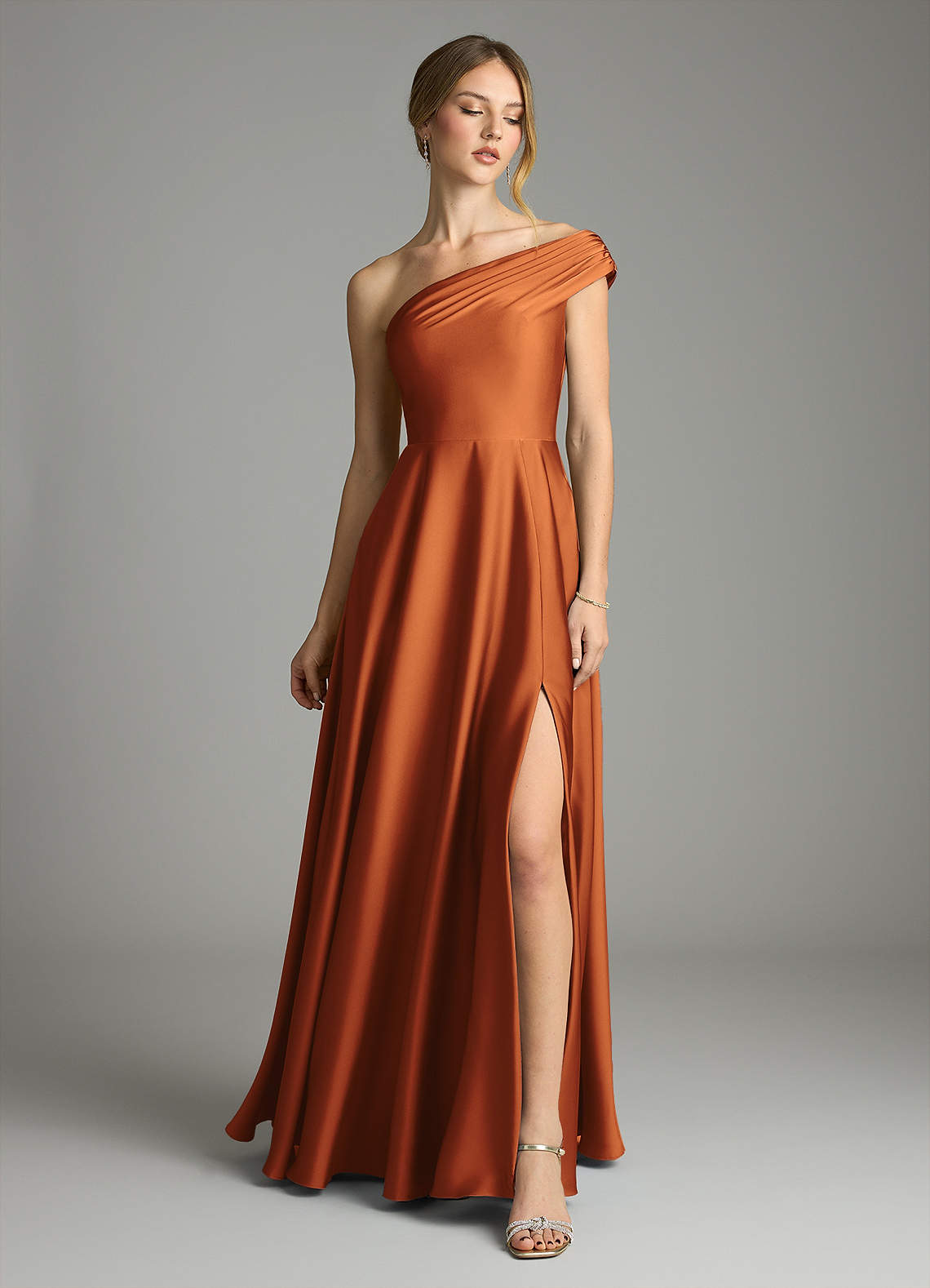 Melanie A-Line One-Shoulder Stretch Satin Bridesmaid Dress in Cinnamon