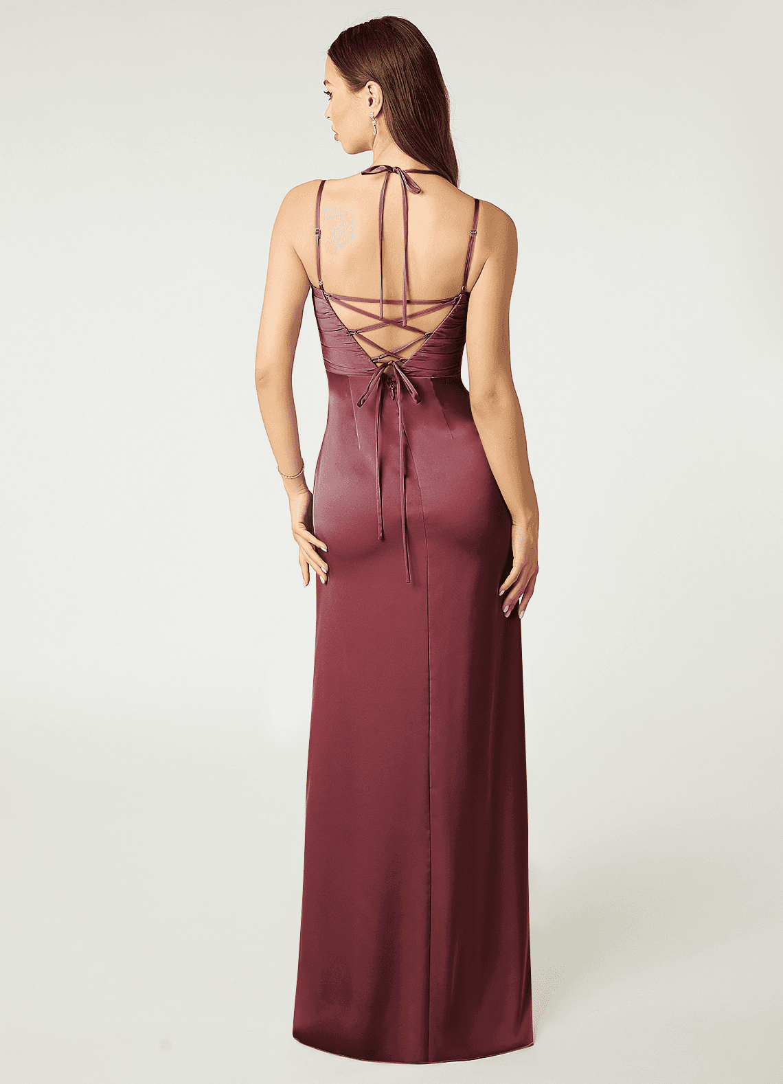 Desi Sheath Halter Stretch Satin Bridesmaid Dress in Merlot