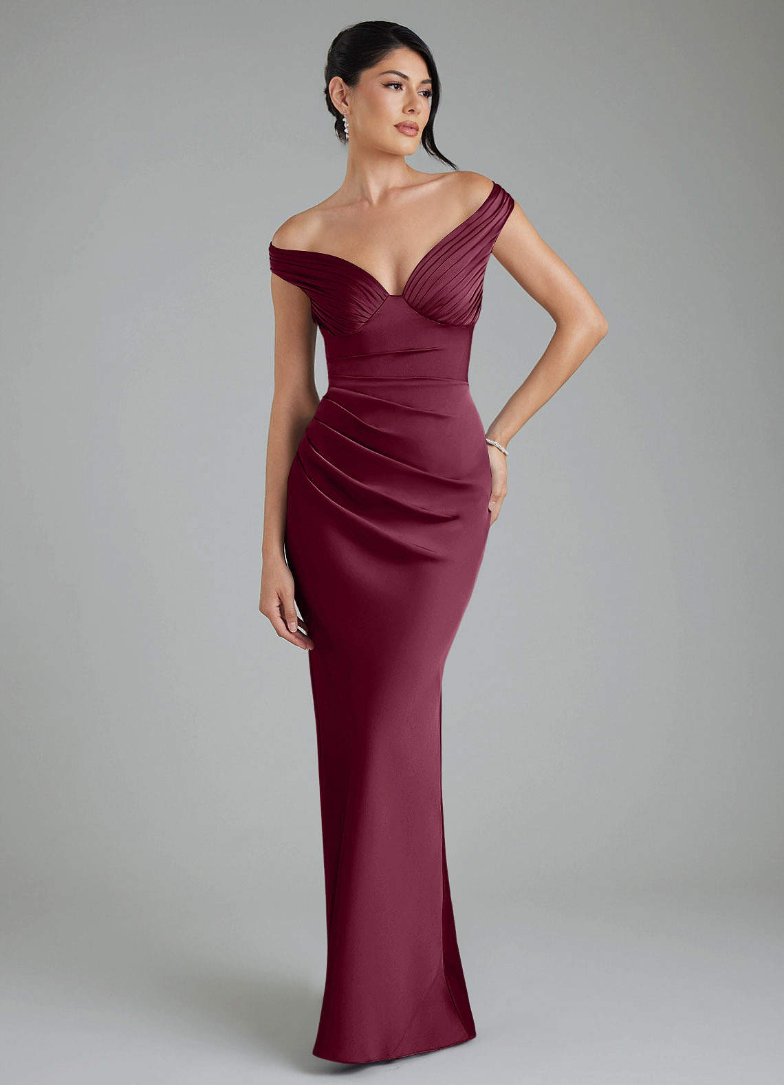 Stella Sheath V-Neck Stretch Satin Bridesmaid Dress in Mulberry