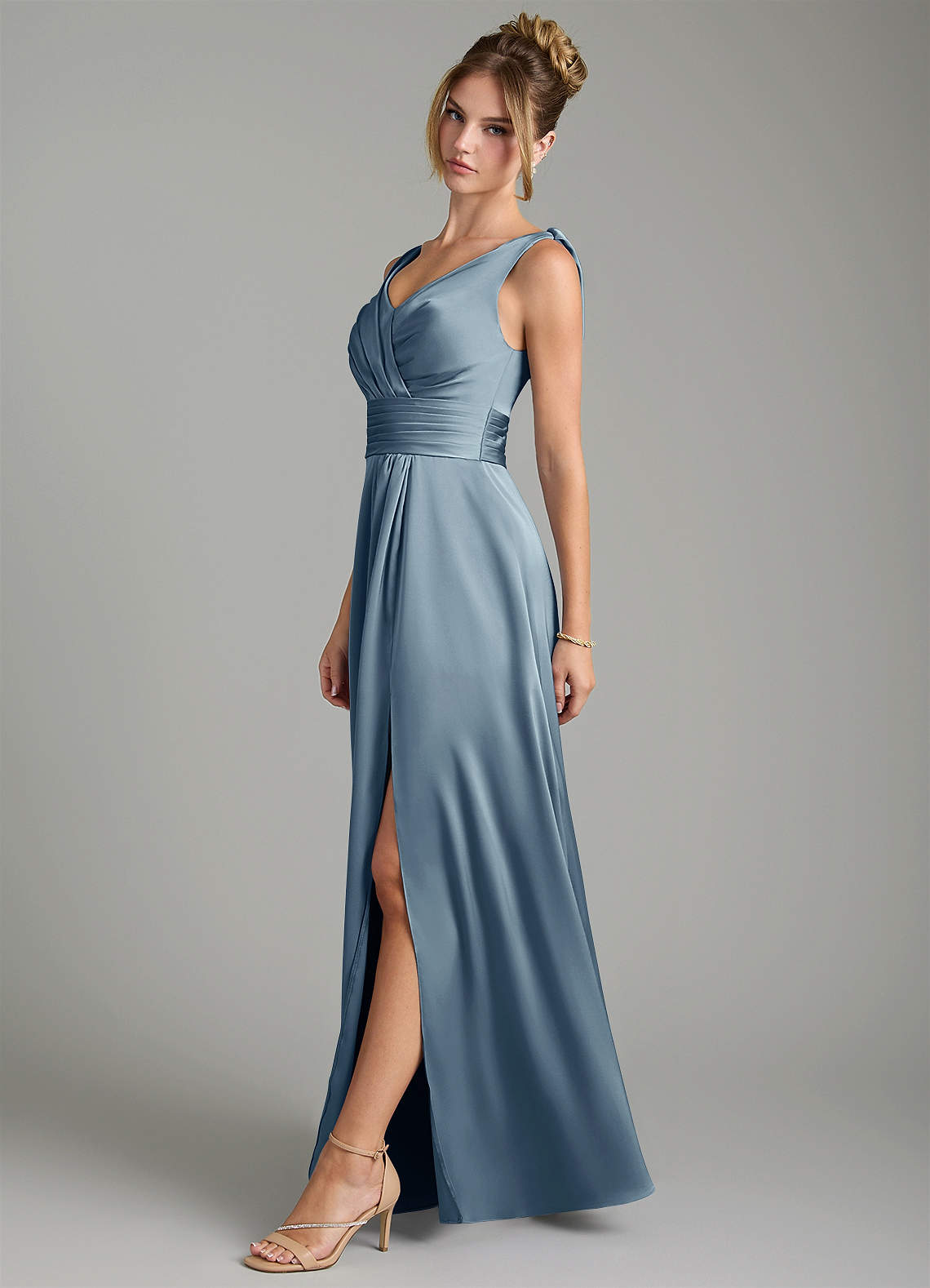 Karina A-Line V-Neck Stretch Satin Bridesmaid Dress in dusty blue