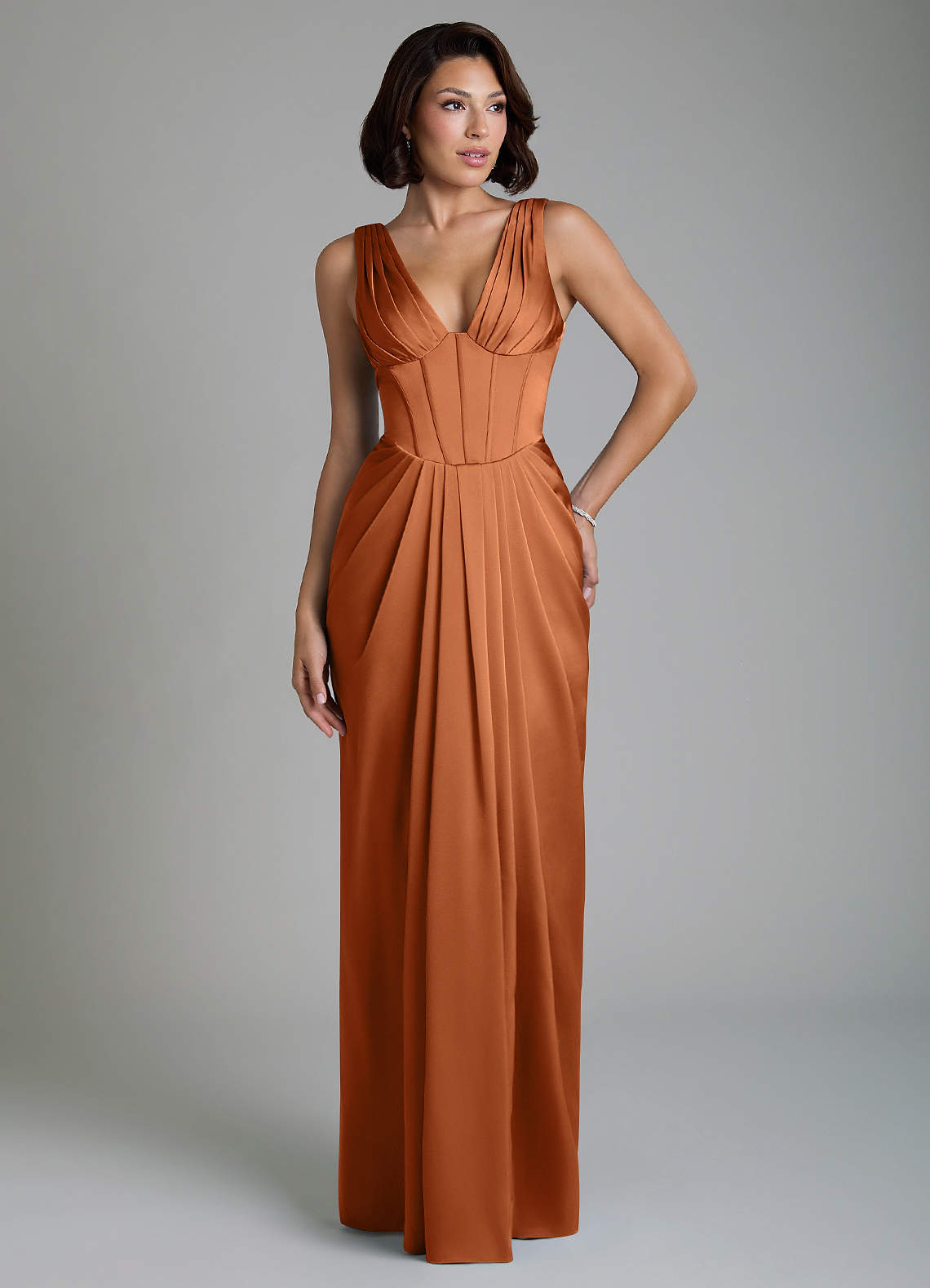 Vanya Sheath V-Neck Stretch Satin Bridesmaid Dress in Copper