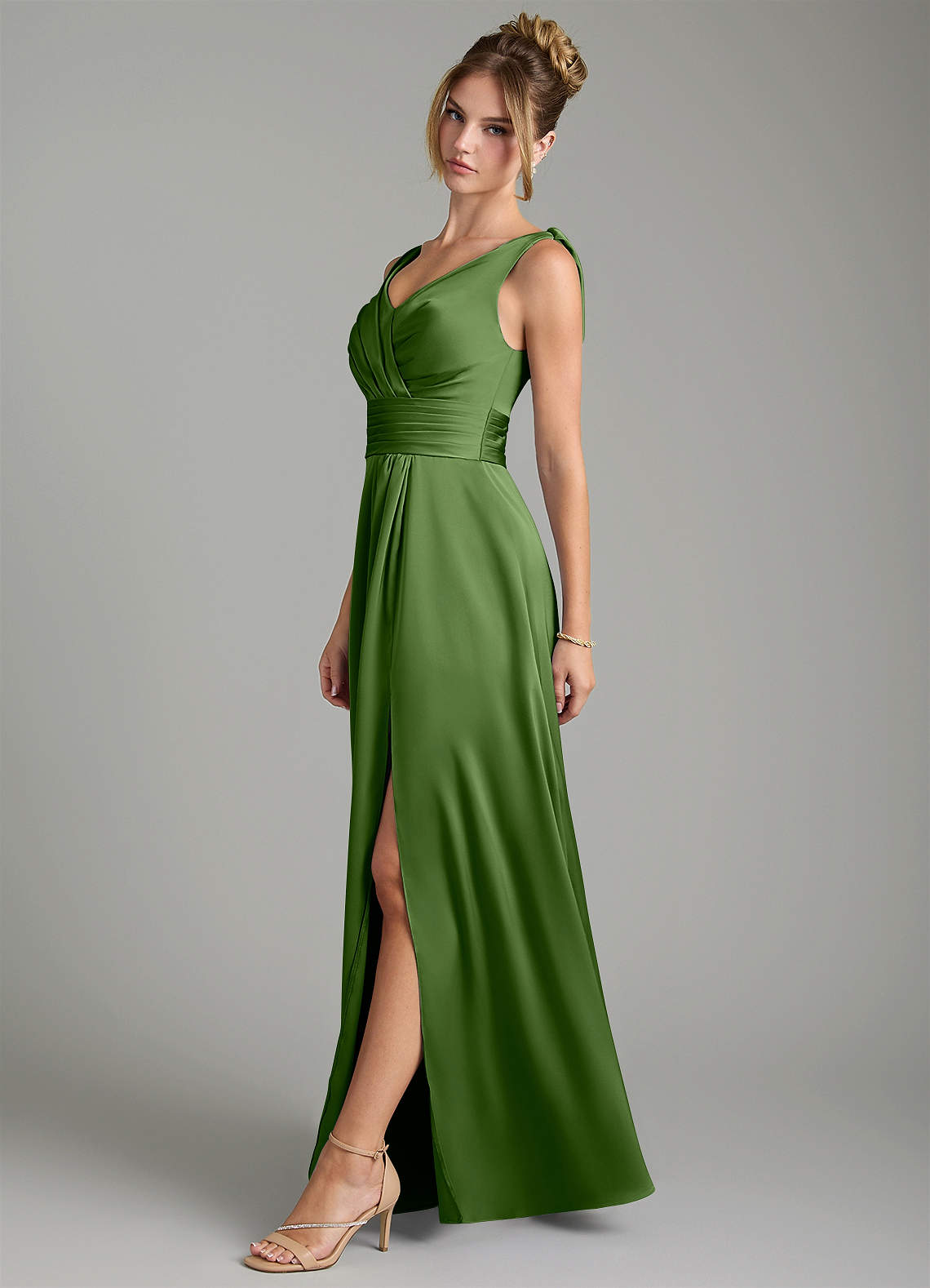 Karina A-Line V-Neck Stretch Satin Bridesmaid Dress in Basil