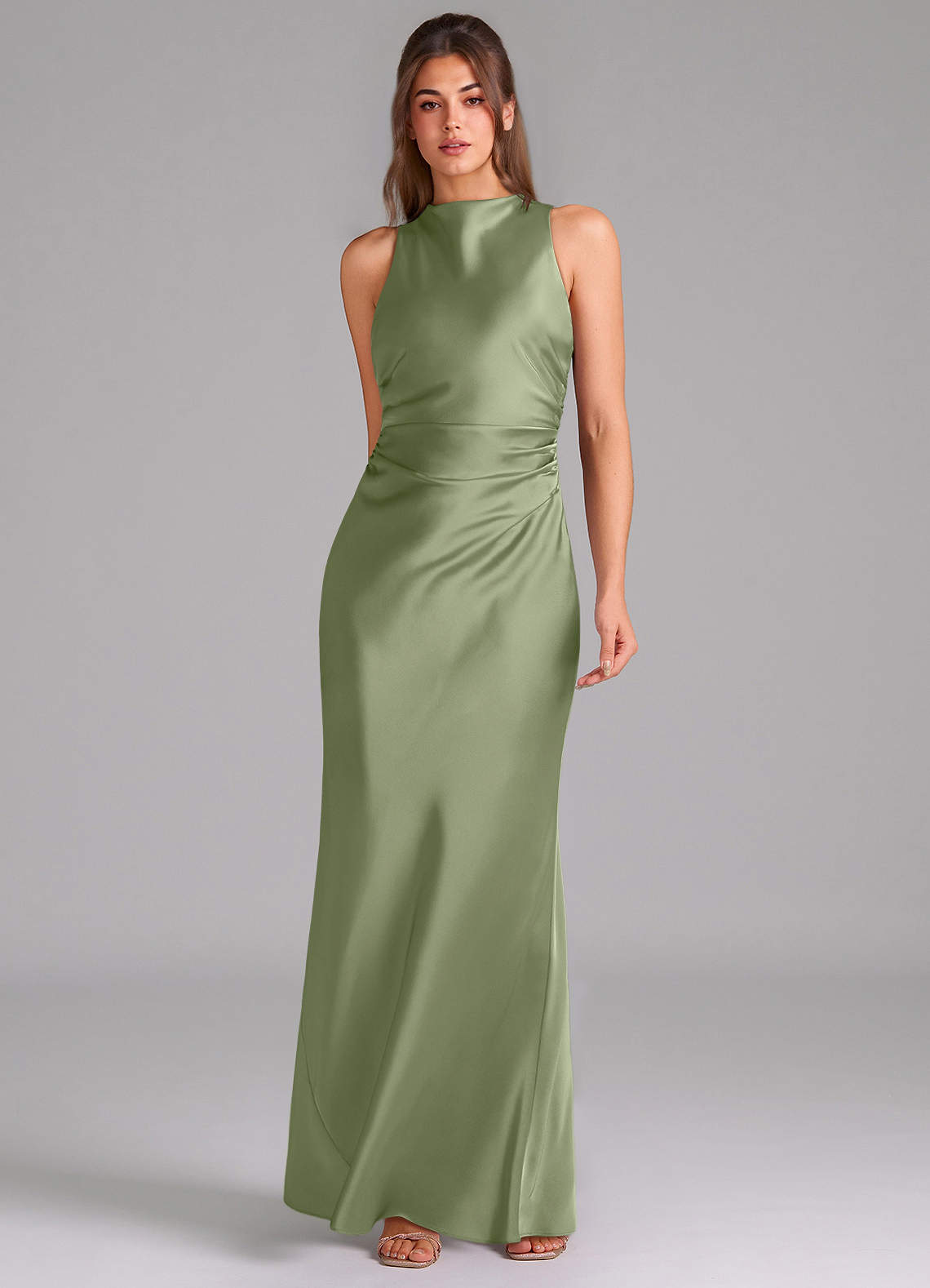 Evadne Sheath Scoop-Neck Stretch Satin Bridesmaid Dress in Pistachio