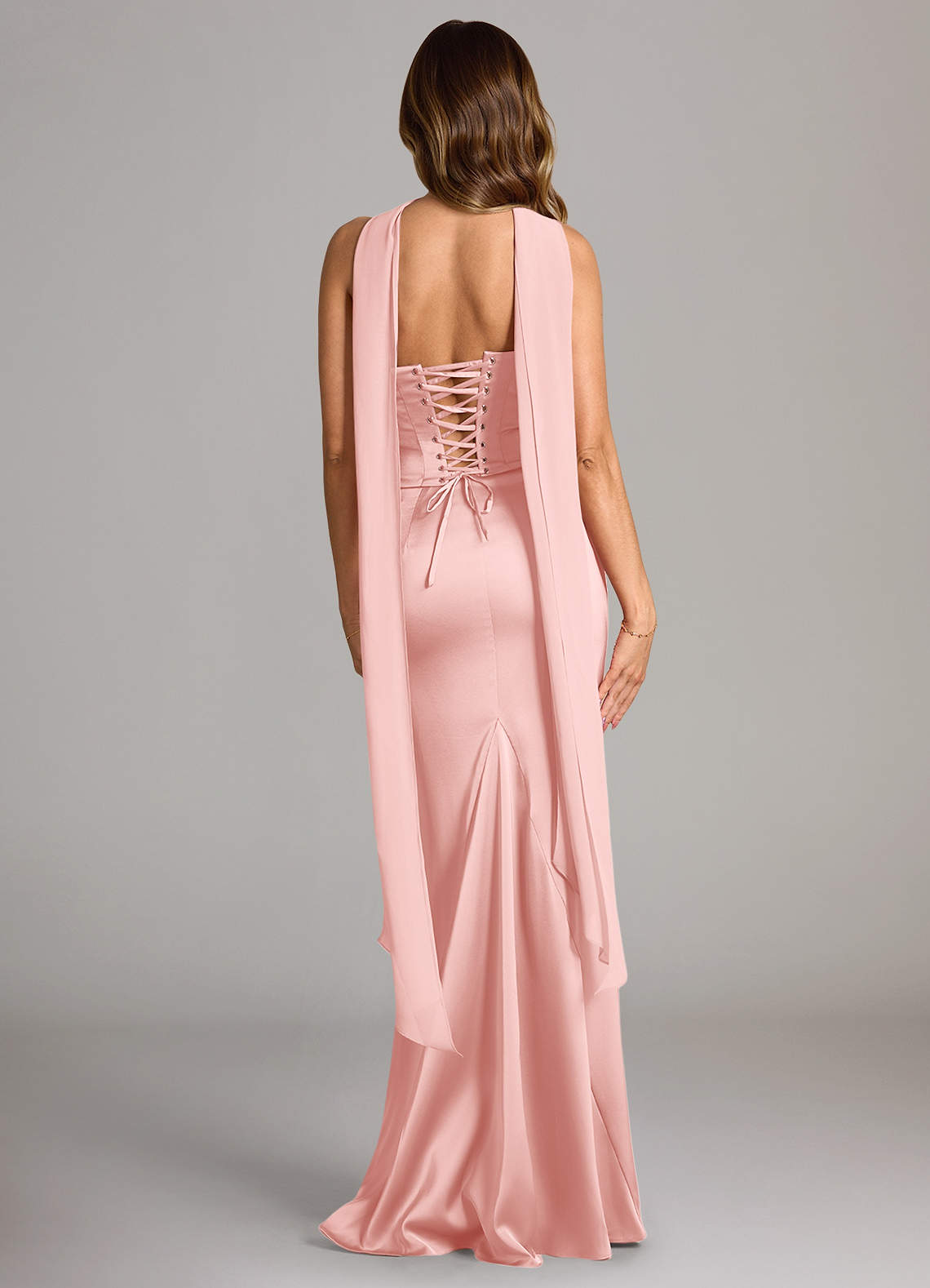 Sorrel Mermaid Cowl-Neck Stretch Satin and Chiffon Bridesmaid Dress in Powder Pink
