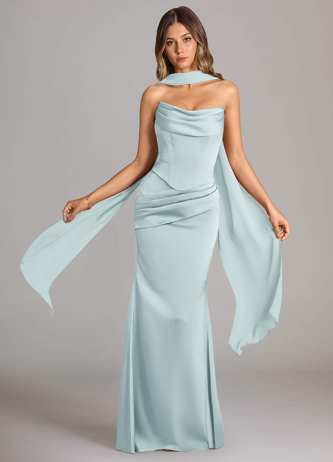 Sorrel Mermaid Cowl-Neck Stretch Satin and Chiffon Bridesmaid Dress in Mist