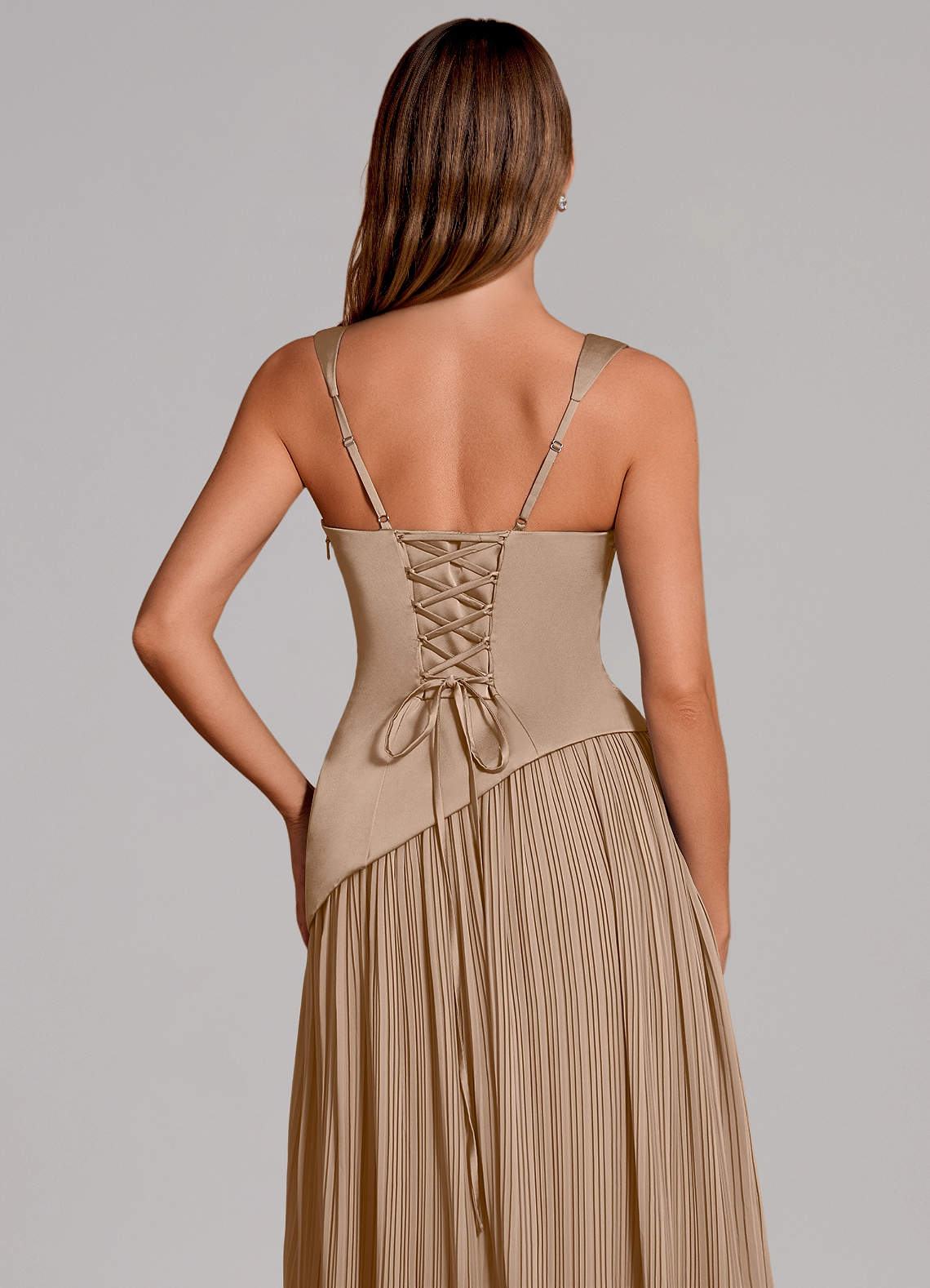 Stephanie A-Line Square-Neck Stretch Satin and Chiffon Bridesmaid Dress in Taupe