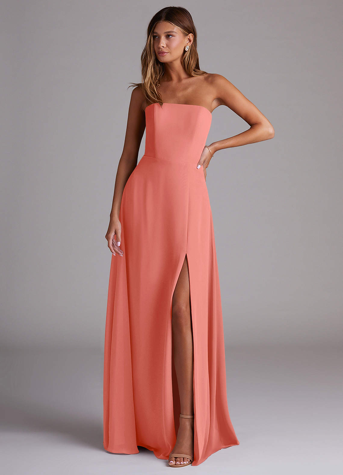 Wren A-Line Straight-Neck Chiffon Bridesmaid Dress in Salmon Pink
