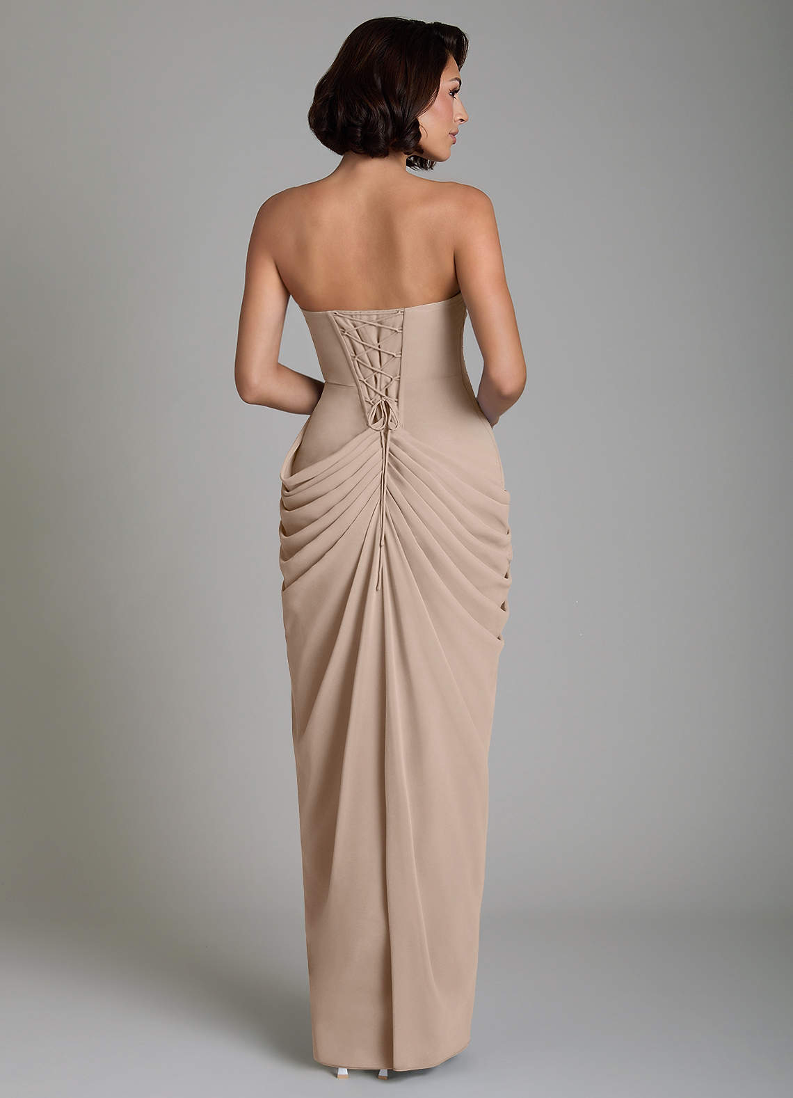 Nyra Sheath Strapless Chiffon Bridesmaid Dress in Taupe