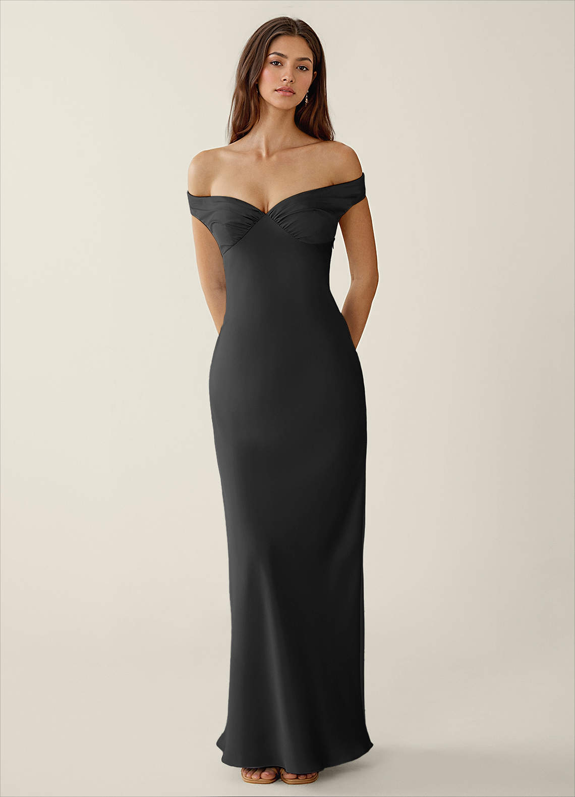 Gwendonme Sheath Off-the-Shoulder Satin Crystal Linen Evening Dress in black