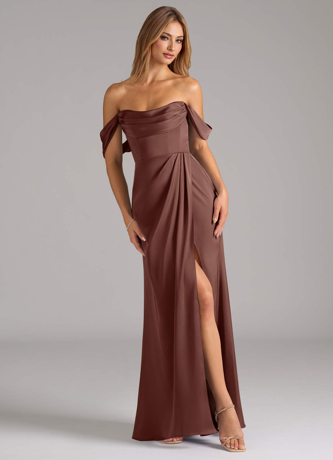 Johana Mermaid Off-the-Shoulder Stretch Satin Bridesmaid Dress in Espresso