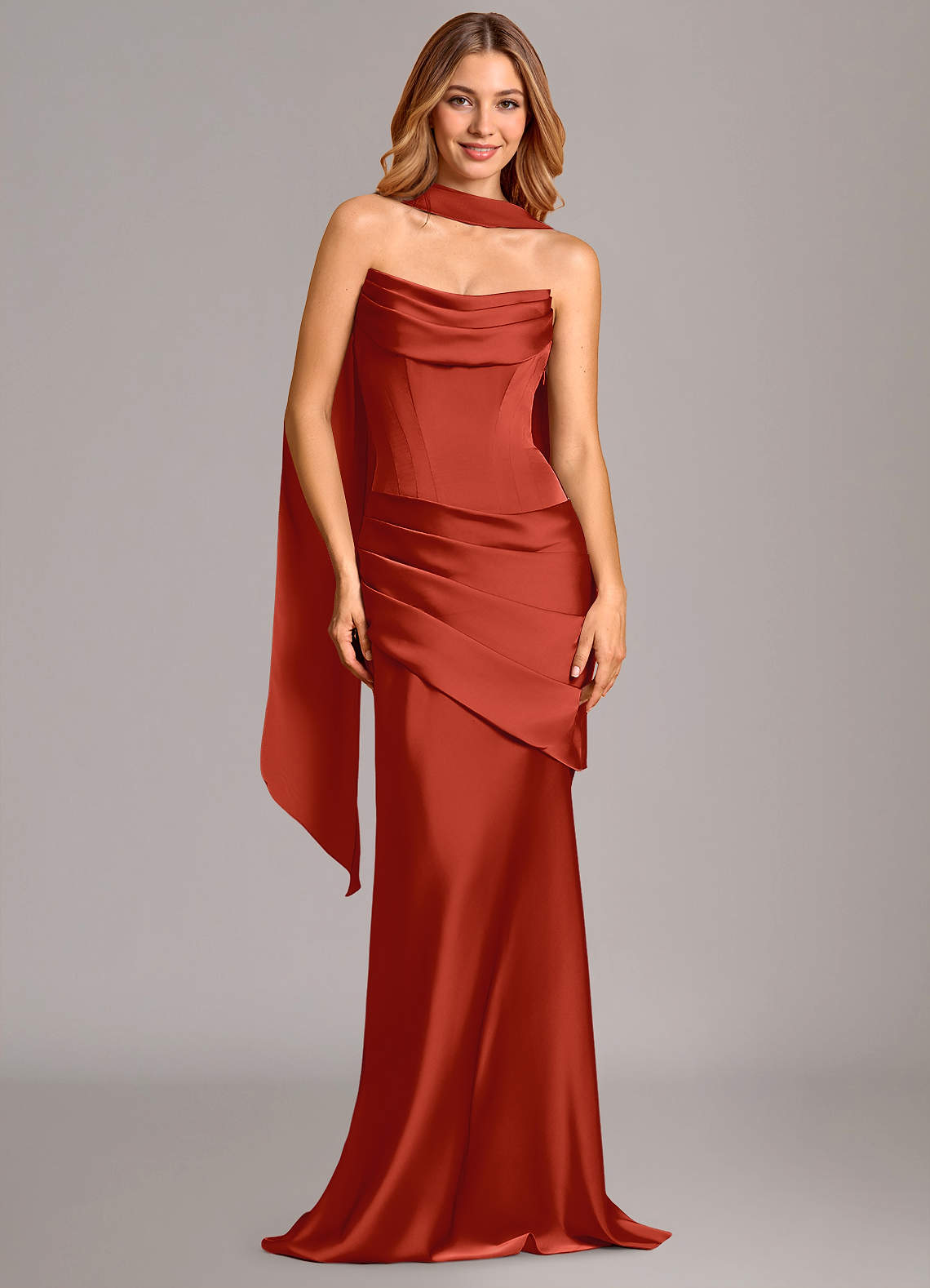 Pelagia Mermaid Cowl-Neck Stretch Satin Bridesmaid Dress in Rust