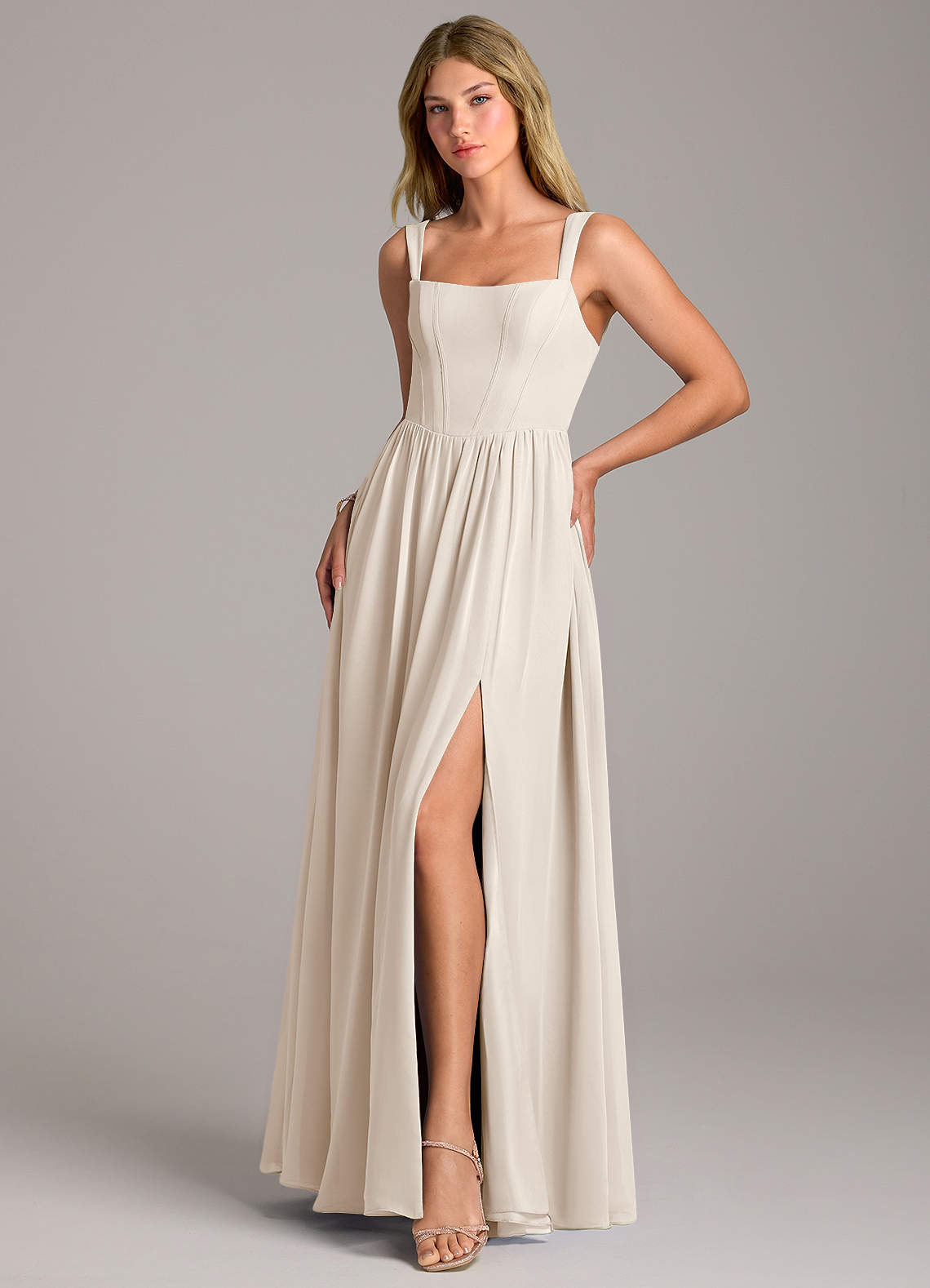 Rosaline A-Line Square-Neck Chiffon Bridesmaid Dress in White Alabaster