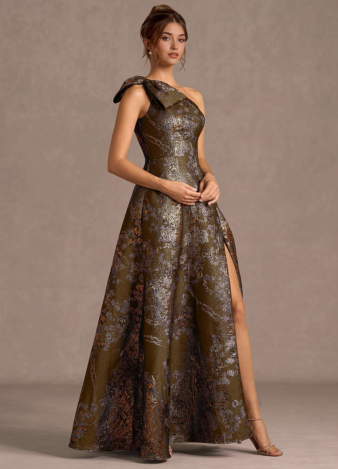 Jonelle A-Line One-Shoulder Metallic Jacquard Evening Dress in Mocha Coco
