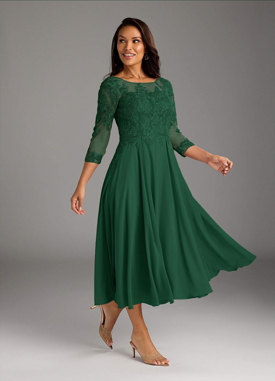 Marge A-Line Scoop-Neck Chiffon and Lace Mother of the Bride Dress in Dark Green