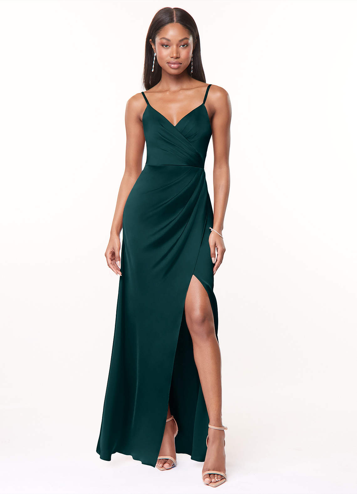 Maci A-Line V-Neck Stretch Satin Bridesmaid Dress in Pine
