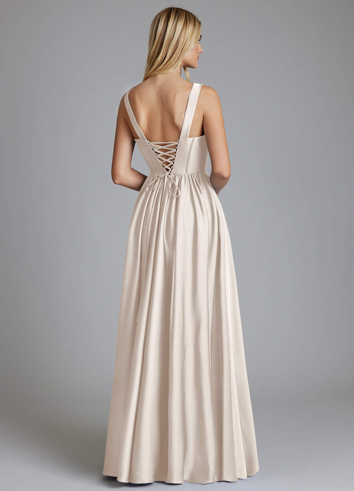 Delmie A-Line V-Neck Stretch Satin Bridesmaid Dress in White Alabaster
