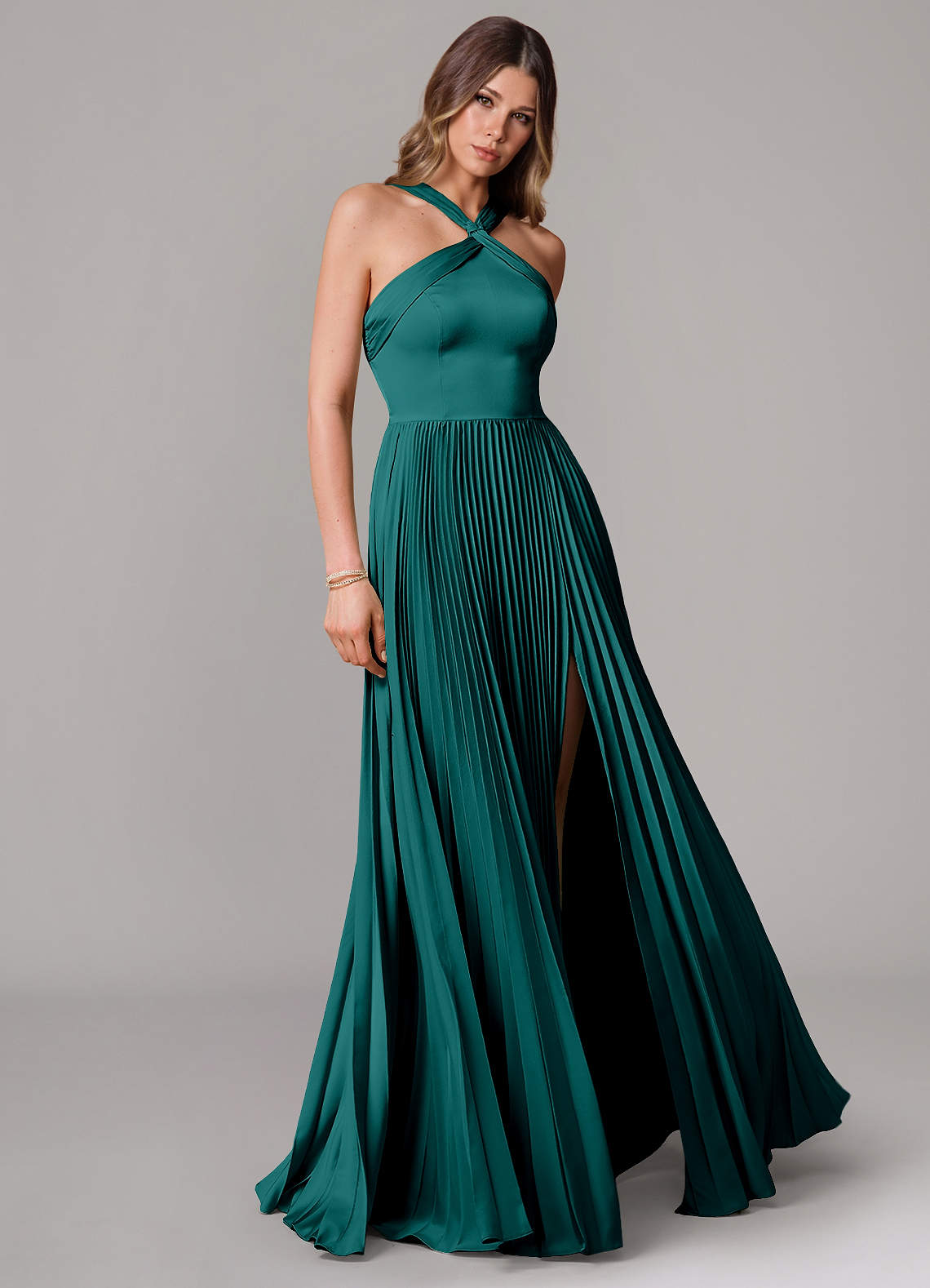 Afra A-Line Halter-Neck Stretch Satin Bridesmaid Dress in Peacock