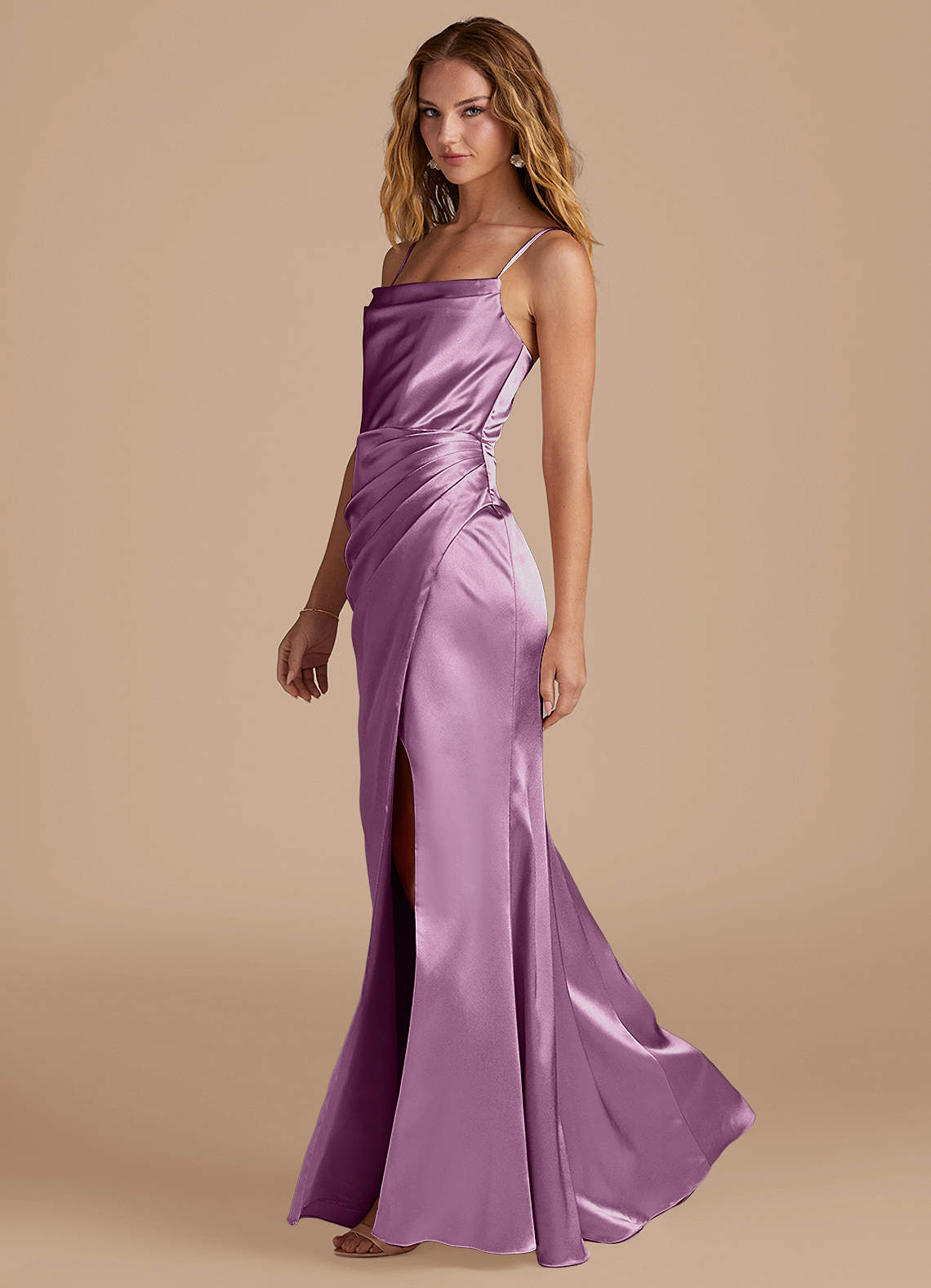Marzia Mermaid Square-Neck Metallic Satin Bridesmaid Dress in Wisteria