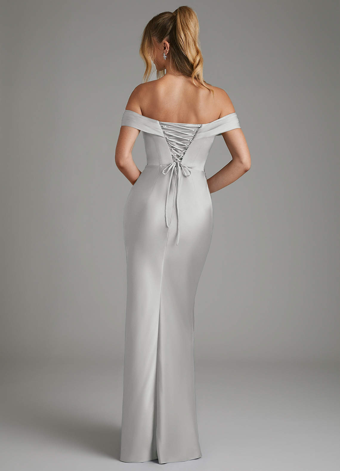 Hayden Mermaid Off-the-Shoulder Stretch Satin Bridesmaid Dress in Silver
