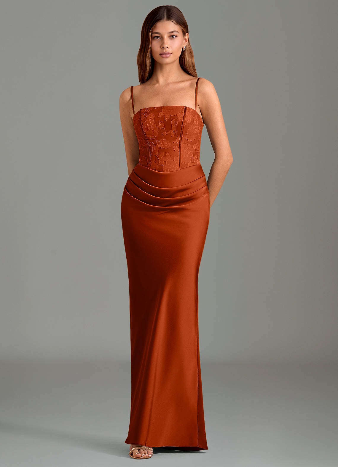 Emilia Mermaid Strapless Stretch Satin and Floral Burnout Bridesmaid Dress in Paprika