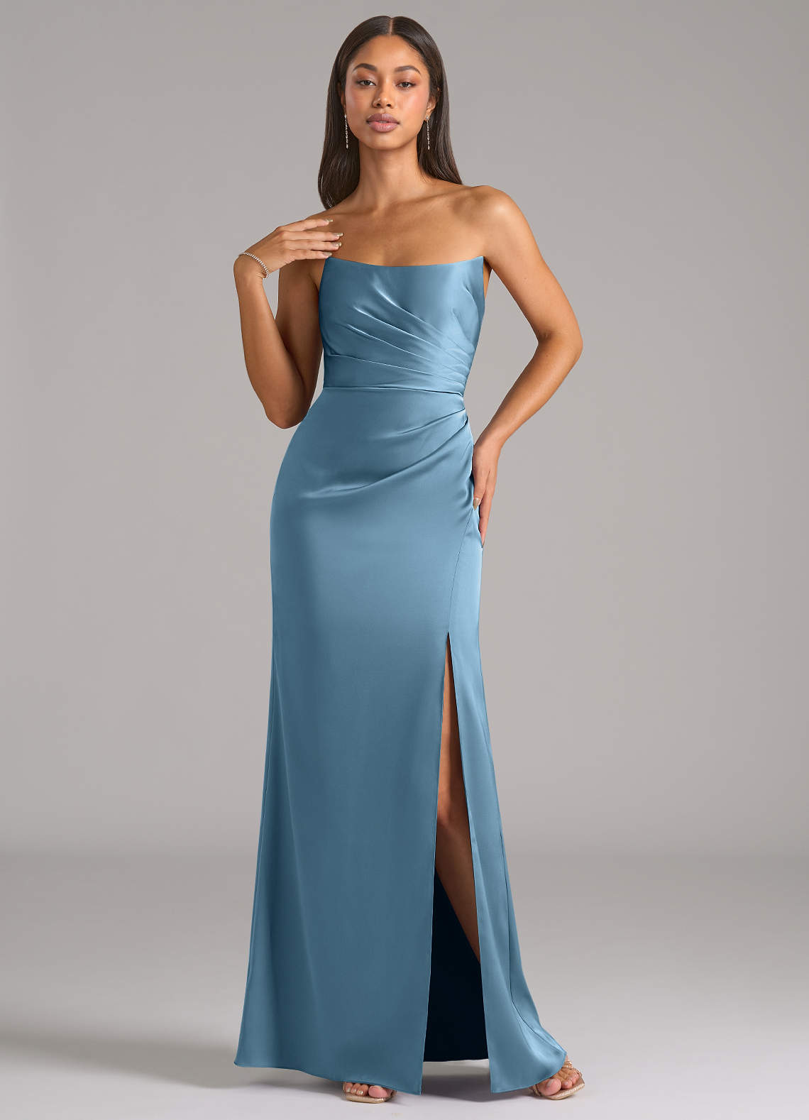 Marla Sheath Strapless Stretch Satin Bridesmaid Dress in Steel Blue