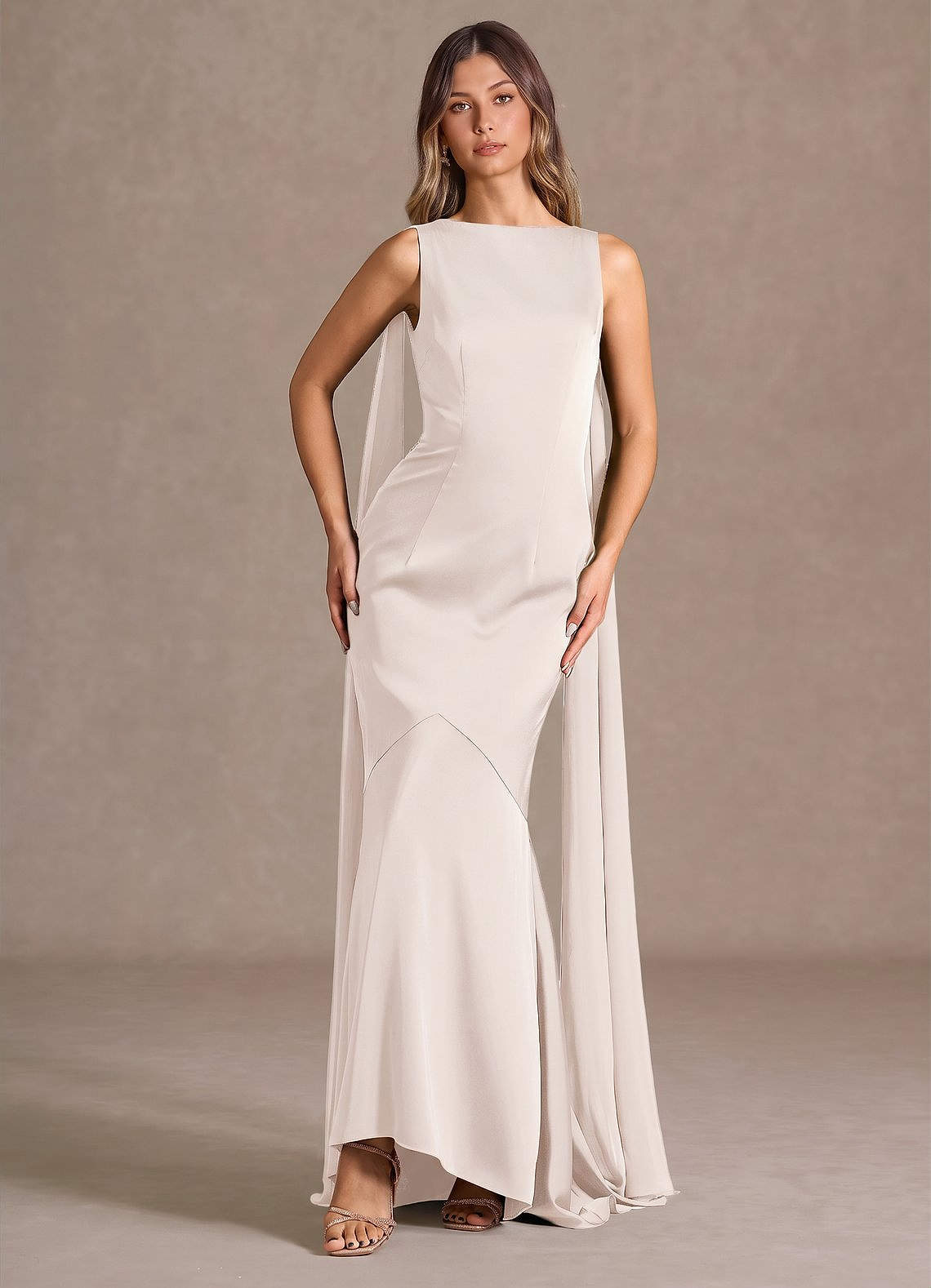 Wynne Mermaid Shoulder-Scarf Stretch Satin Evening Dress in Cream