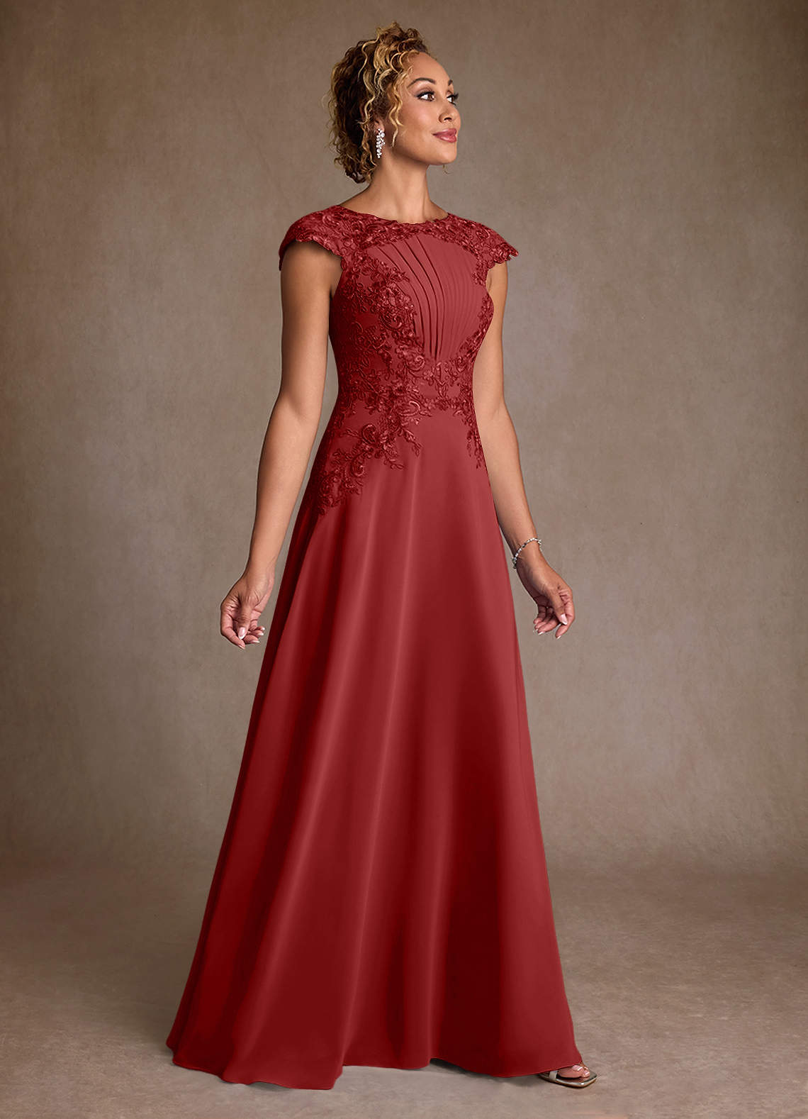 Christi A-Line Scoop-Neck Chiffon and Lace Mother of the Bride Dress in Rust