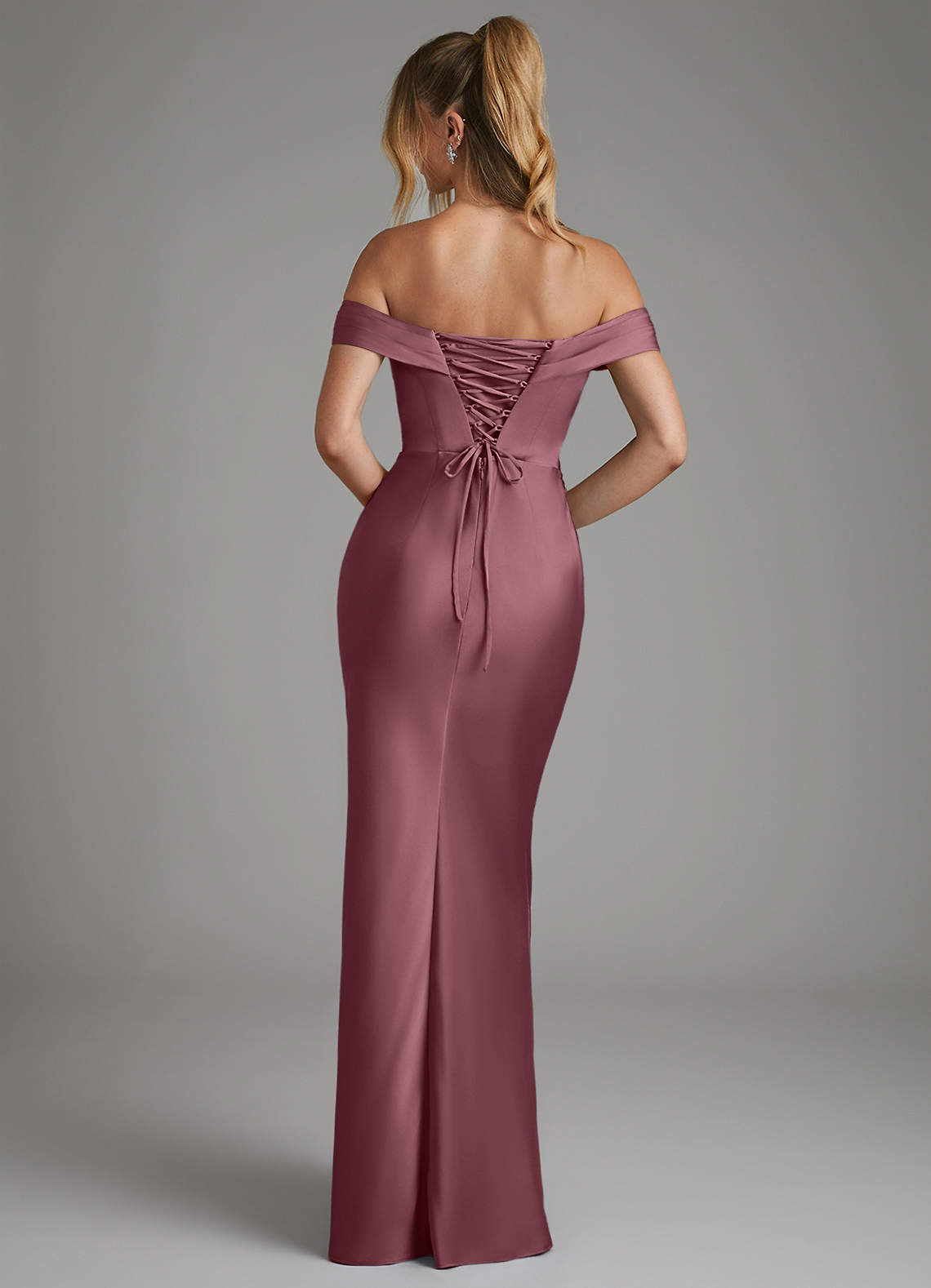 Hayden Mermaid Off-the-Shoulder Stretch Satin Bridesmaid Dress in Desert Rose