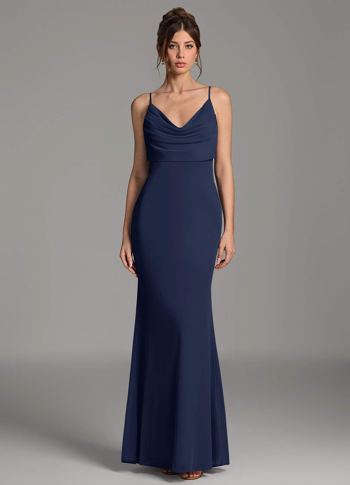 Zari Mermaid Cowl-Neck Mesh Bridesmaid Dress in Dark Navy